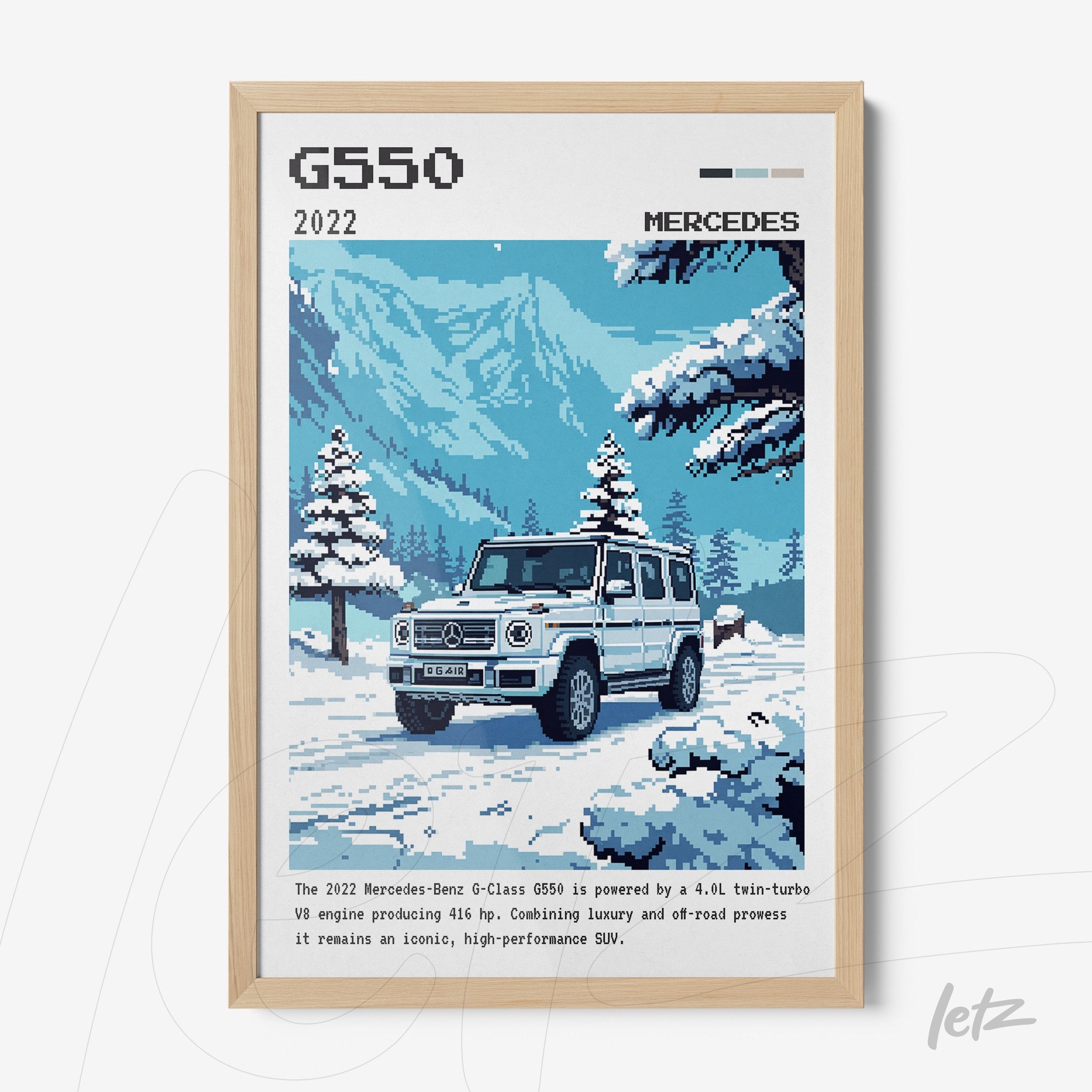 retro style art of the Mercedes-Benz G-Class G550 in a snowy mountain setting with light wood frame