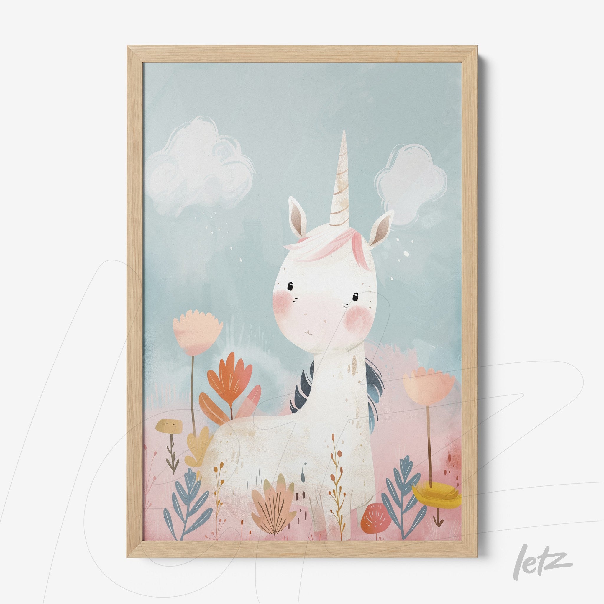 framed children's art of a unicorn against a blue background with colorful flowers, light wooden frame