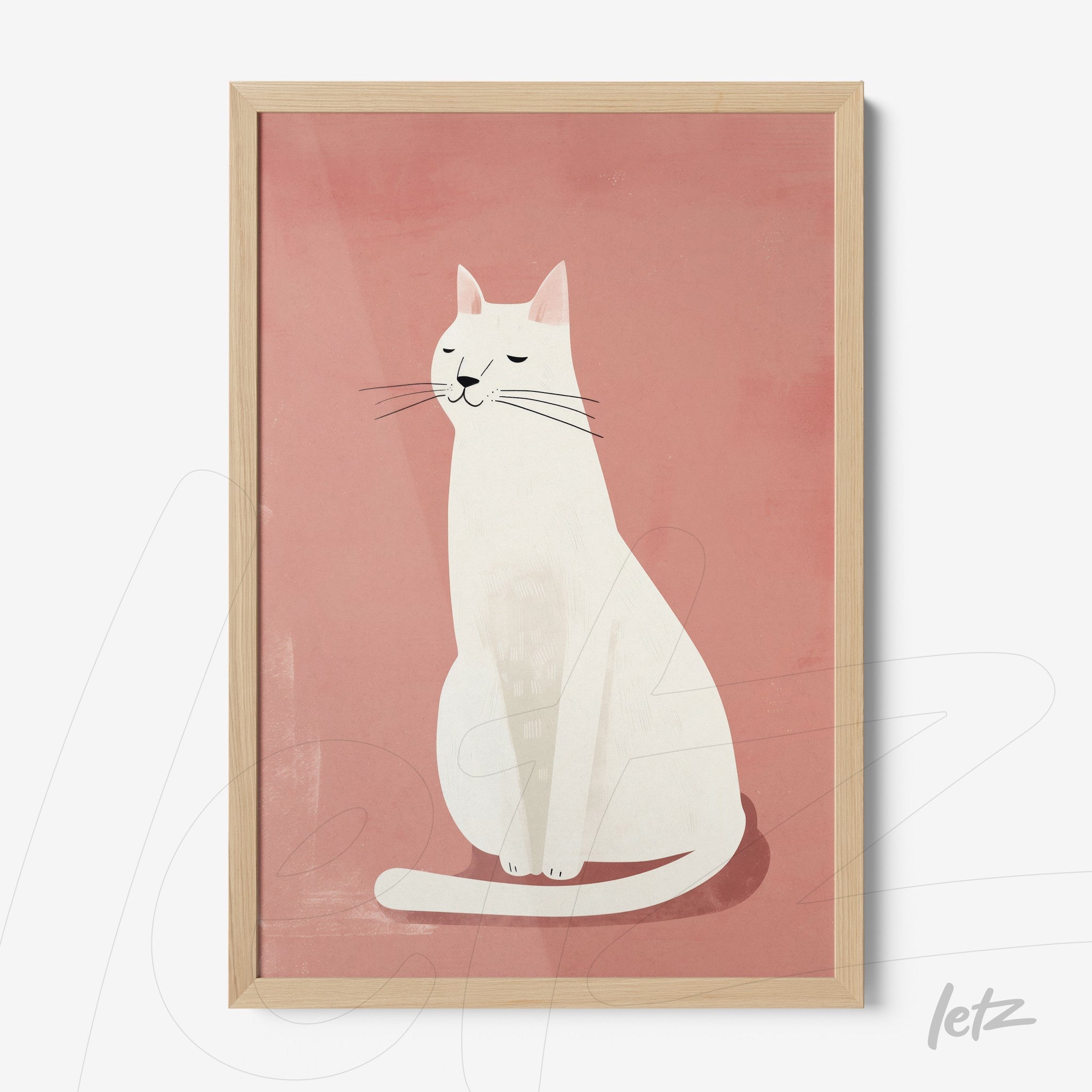 framed digital artwork of a white cat sitting against a pink background with light wood frame