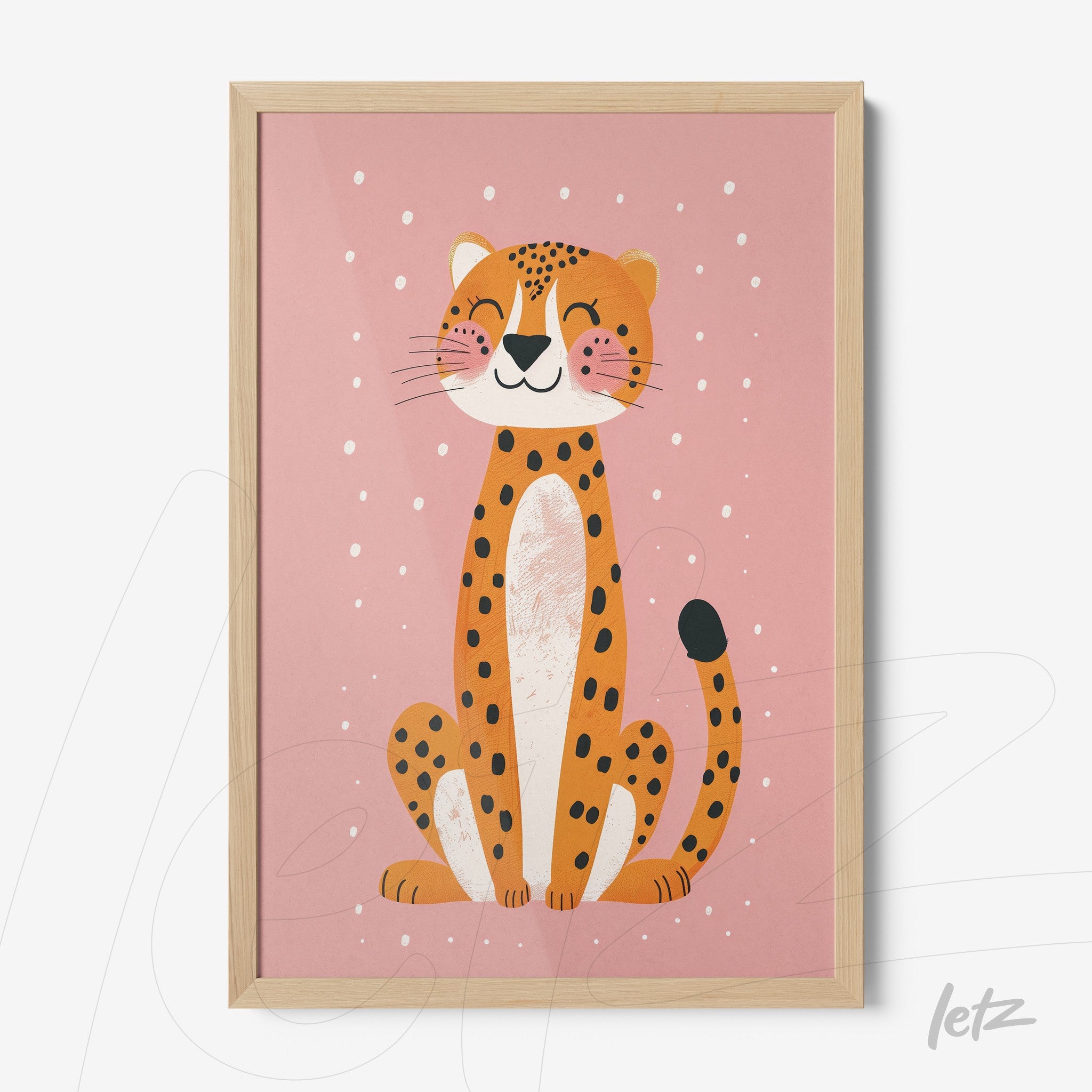 colorful wall art featuring a smiling leopard on pink background with light wood frame