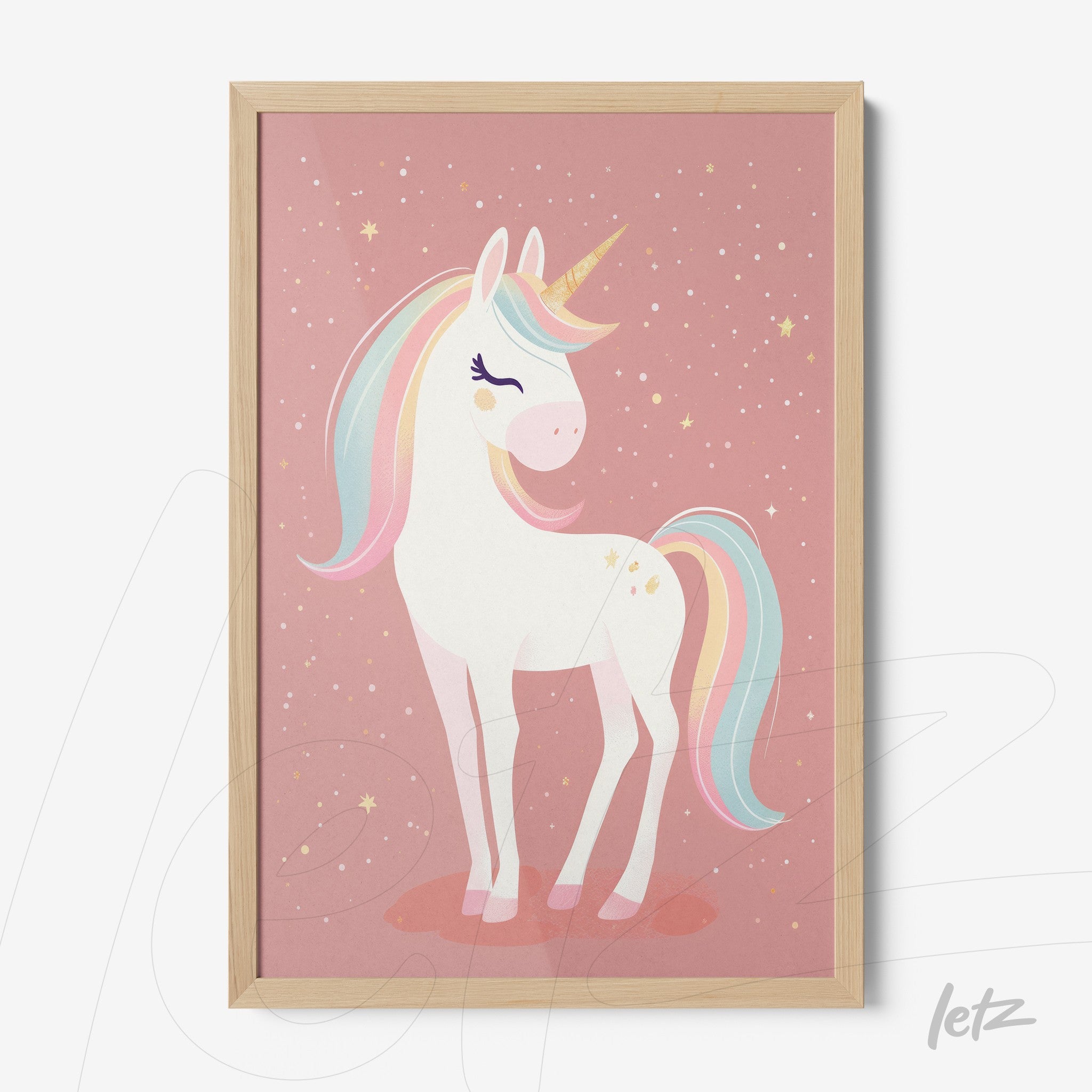 framed art featuring a unicorn illustration on a pink background with stars and light wood frame