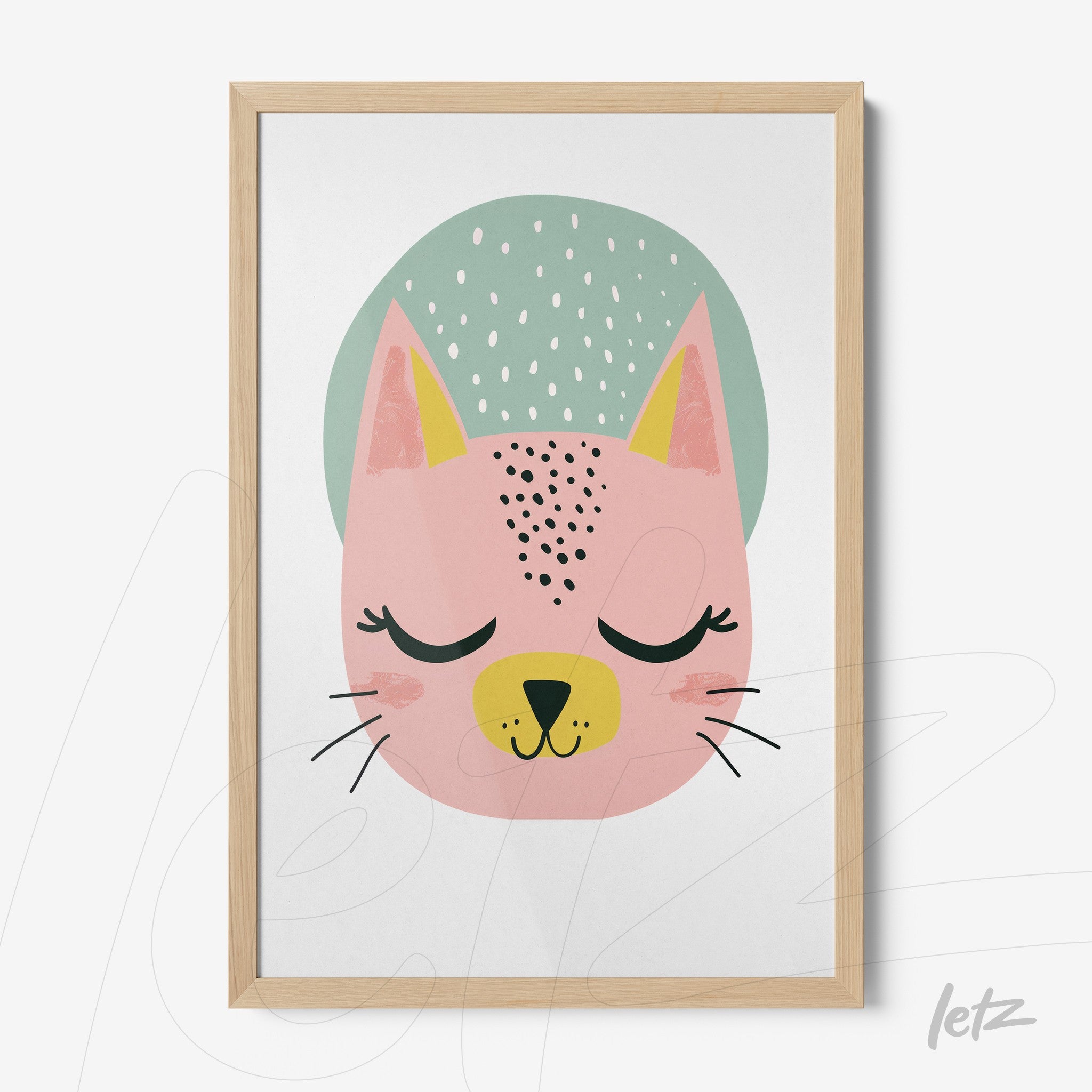 framed wall art featuring a minimalist cat illustration in pastel colors with a light wood frame