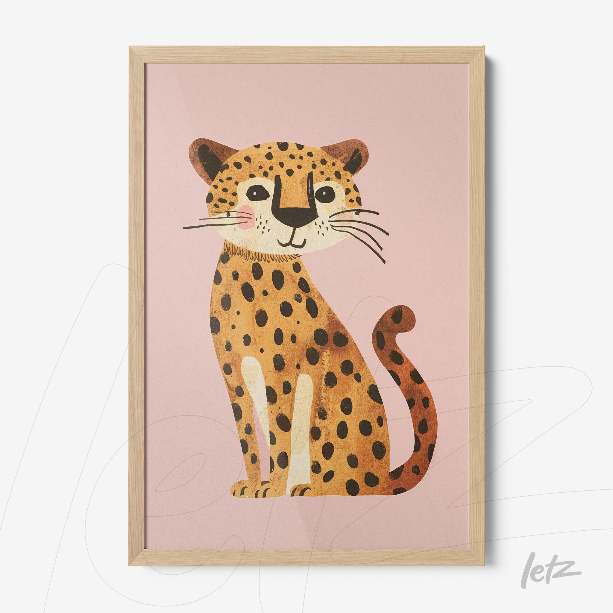 framed wall art featuring a leopard illustration on pink background with light wood frame