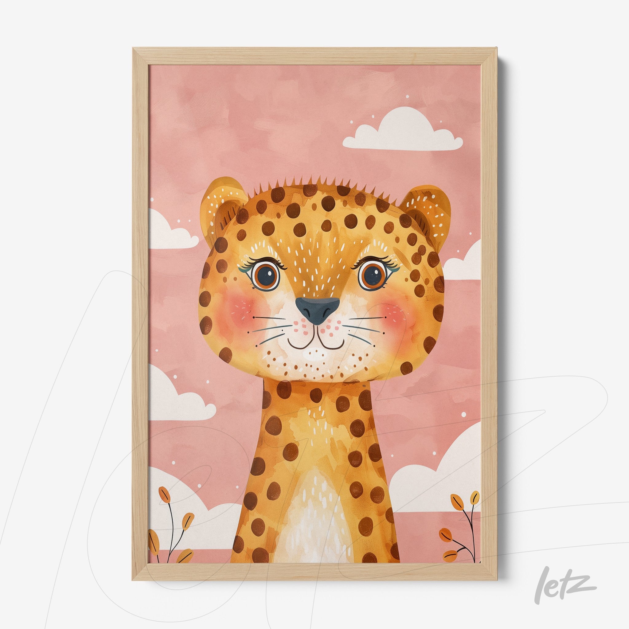 framed art featuring a stylized leopard illustration on a pink background with white clouds and colorful plants