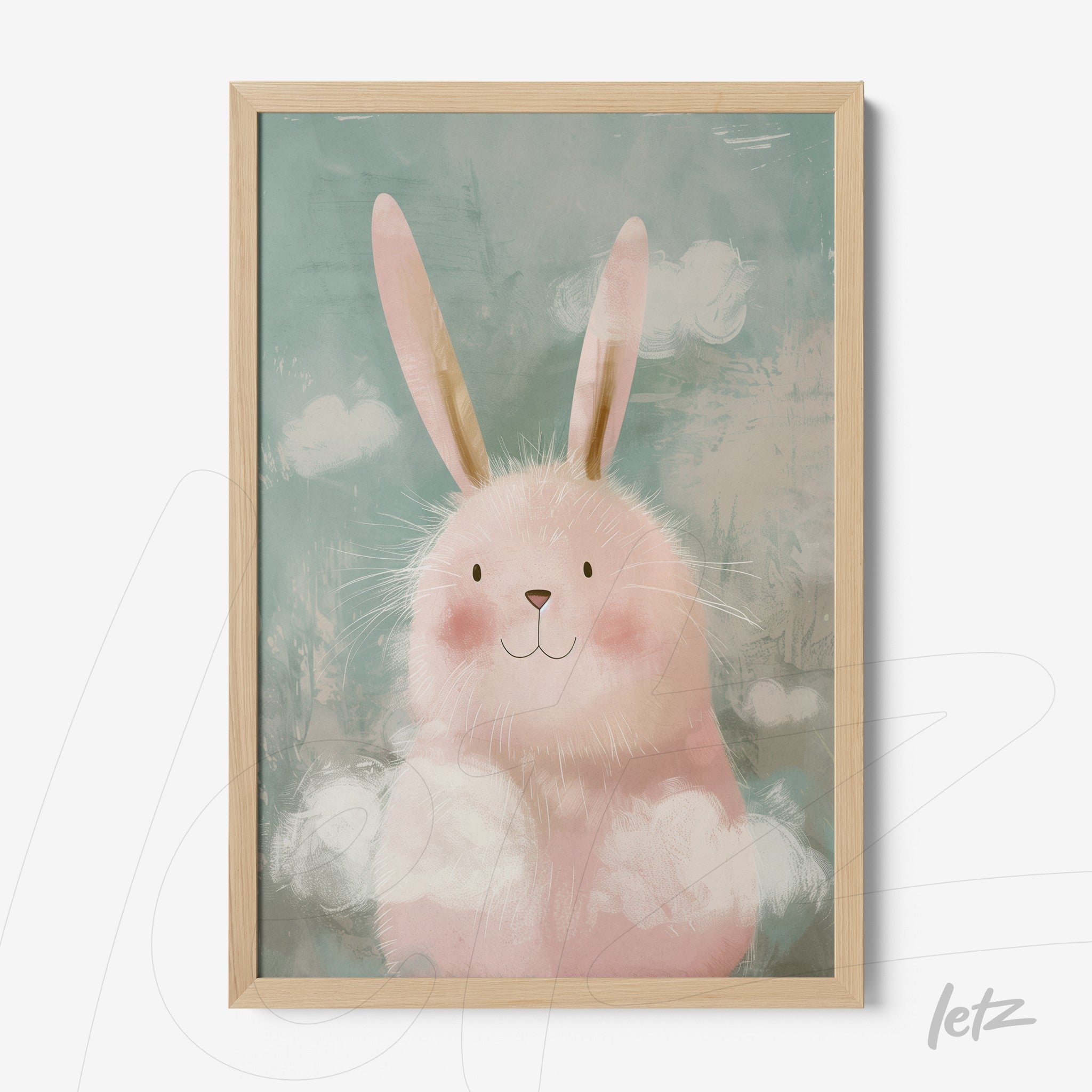 framed artwork of a cute bunny with a light teal background and white clouds in a natural wood frame