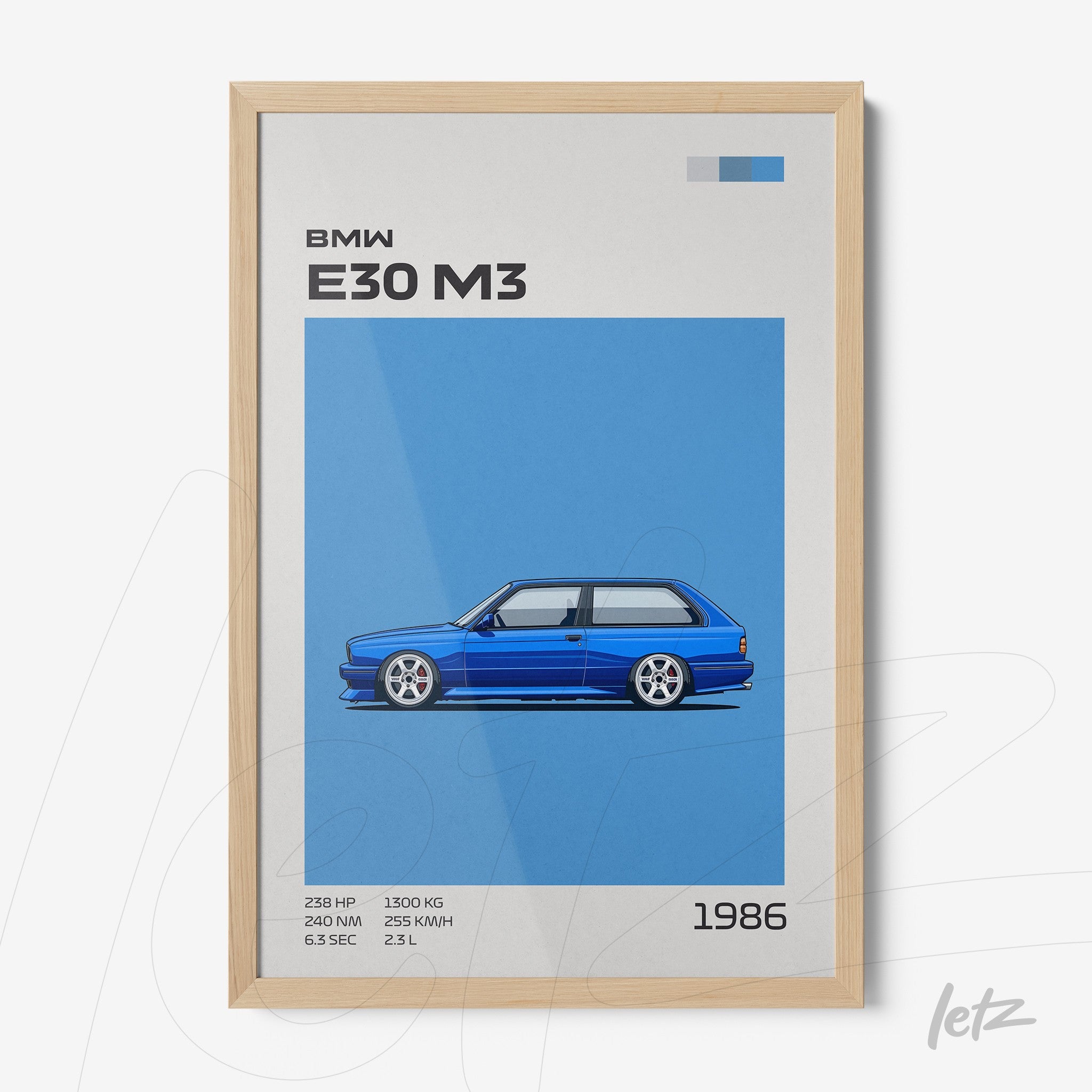 framed artwork featuring a minimalist illustration of the BMW E30 M3 in blue background with light wood frame