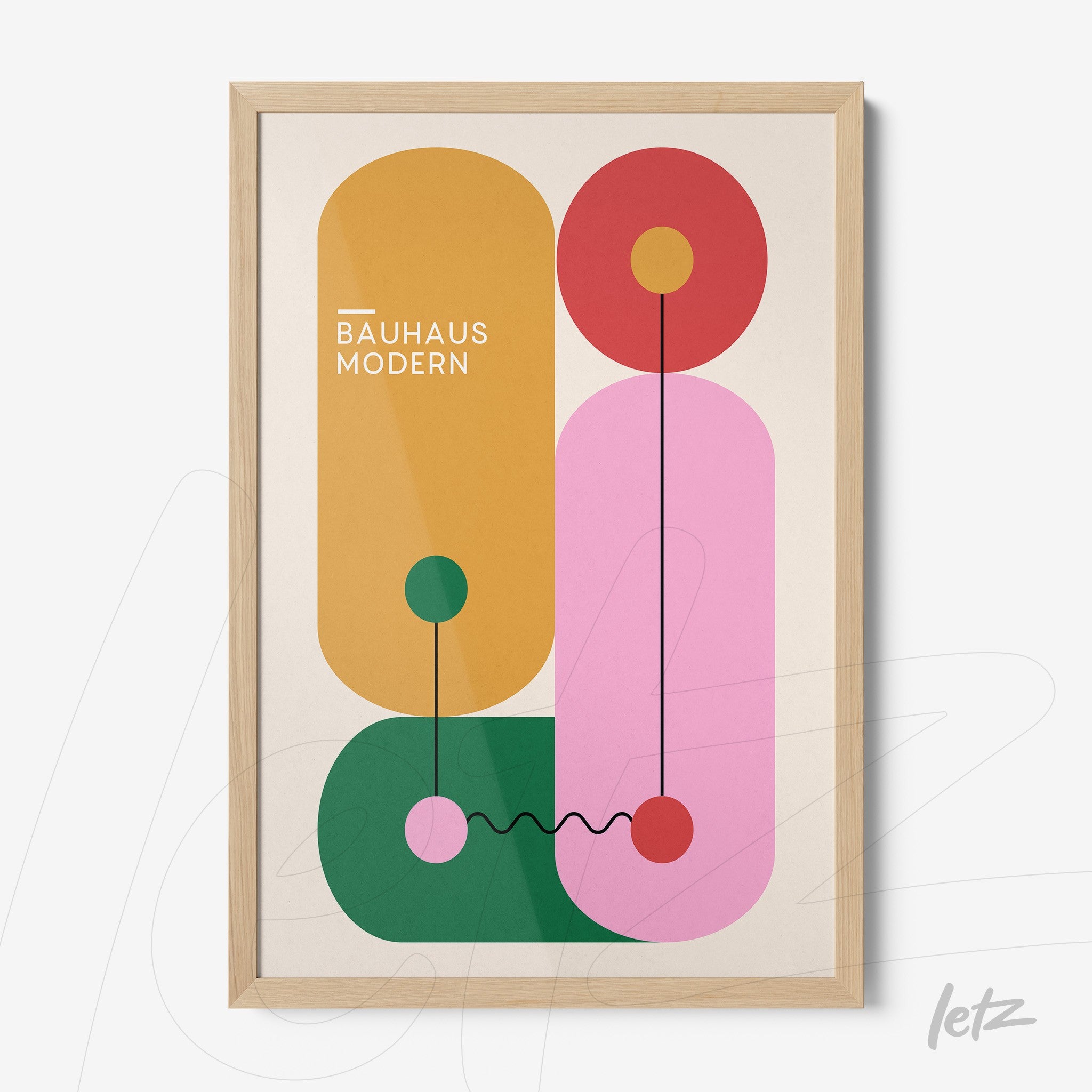 poster featuring modern geometric design in bauhaus style with colorful shapes in a light wood frame