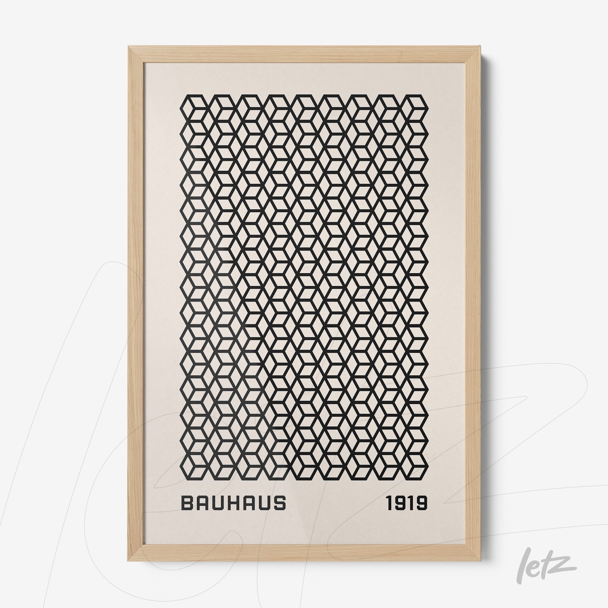 poster featuring geometric bauhaus pattern with light wood frame