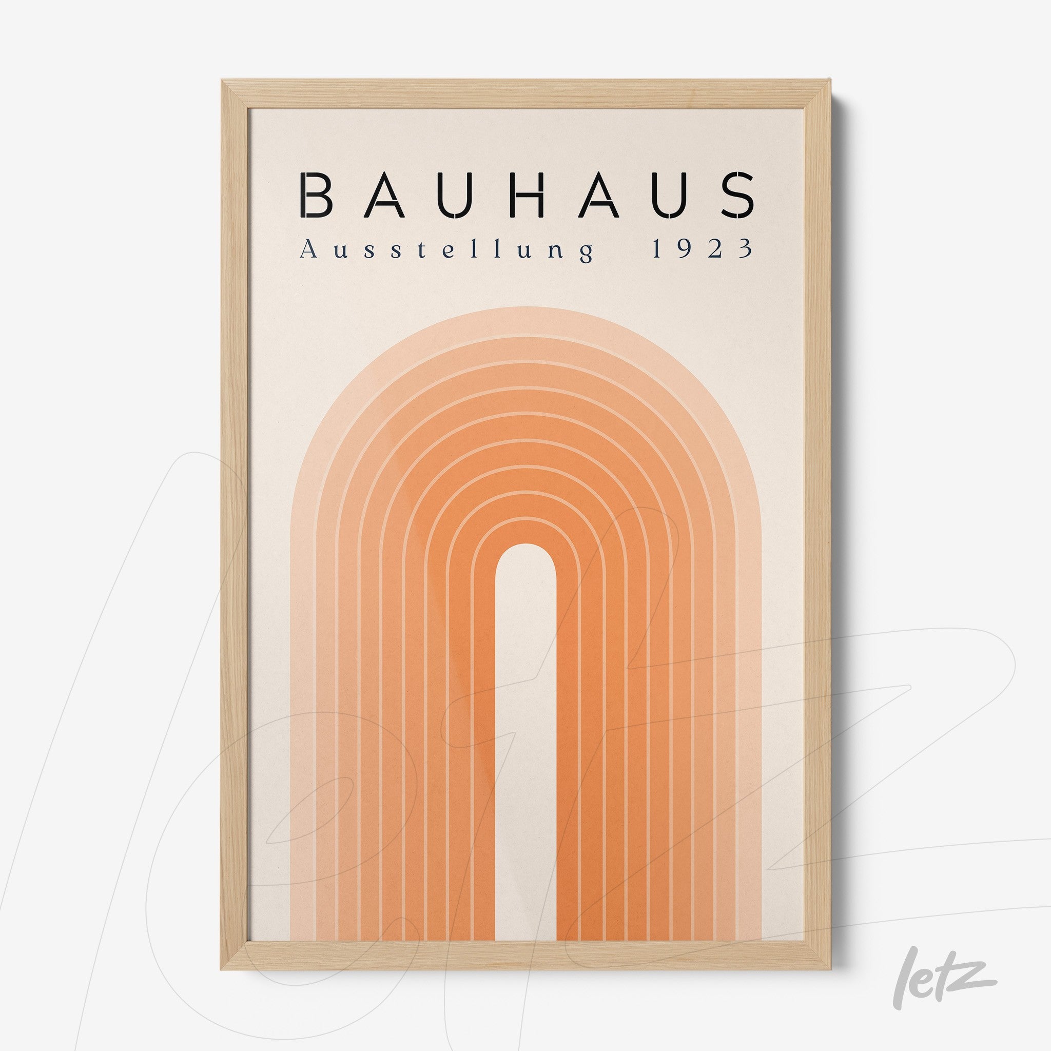 poster print featuring geometric design in orange and beige hues, displayed in a light wood frame