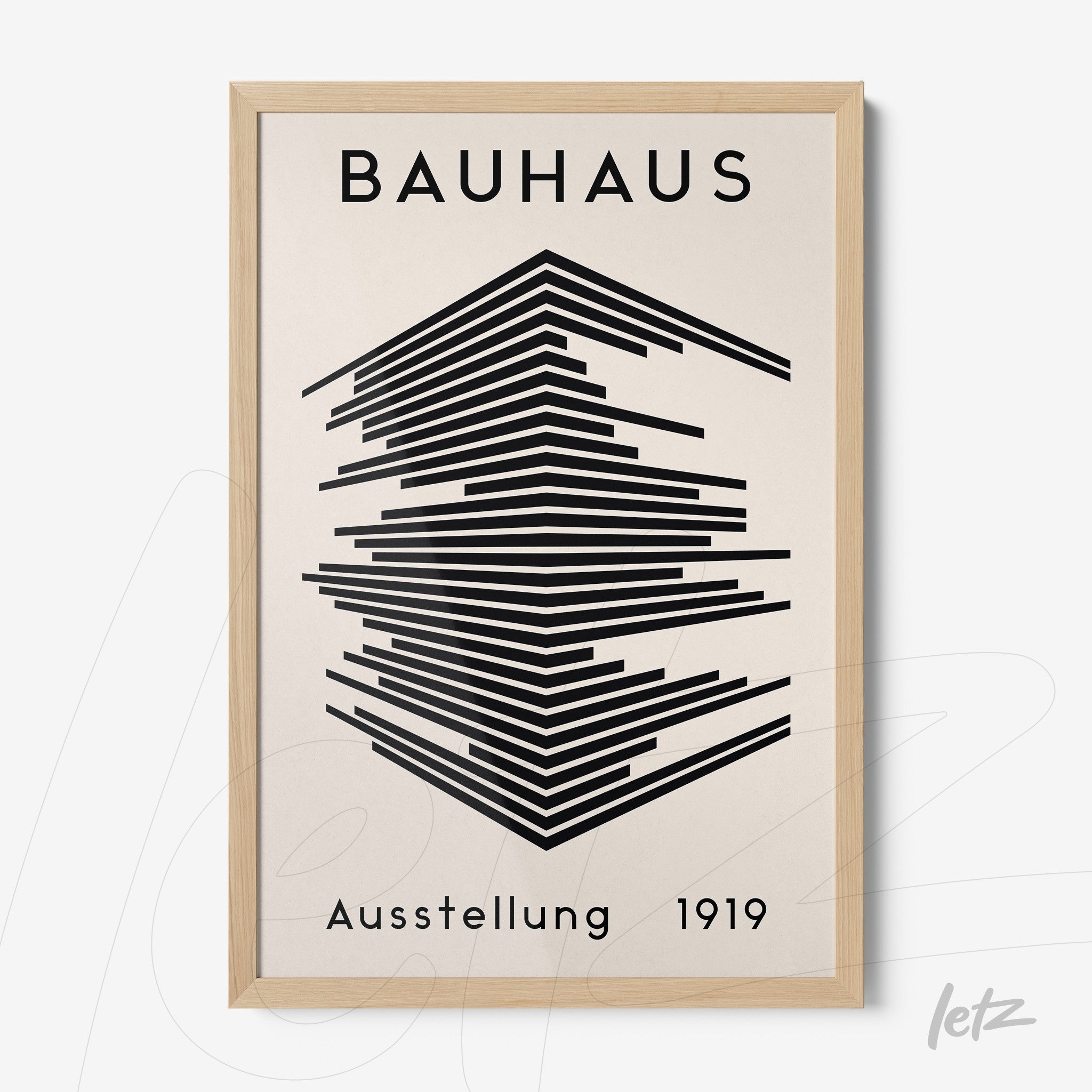 poster featuring geometric Bauhaus design with light wood frame