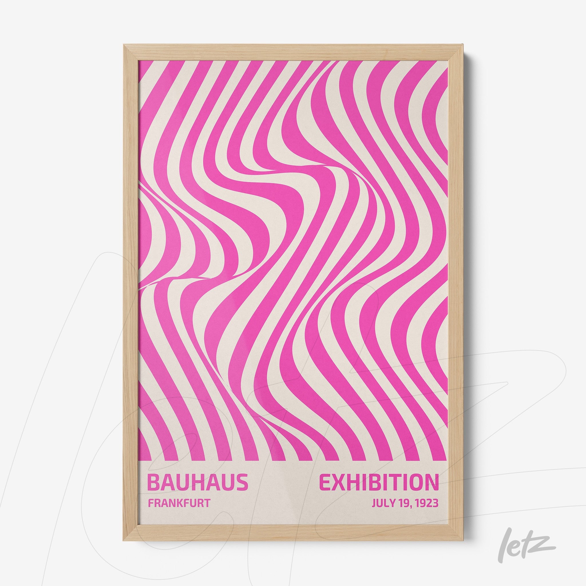 poster print featuring pink wavy lines in a light wood frame bauhaus style