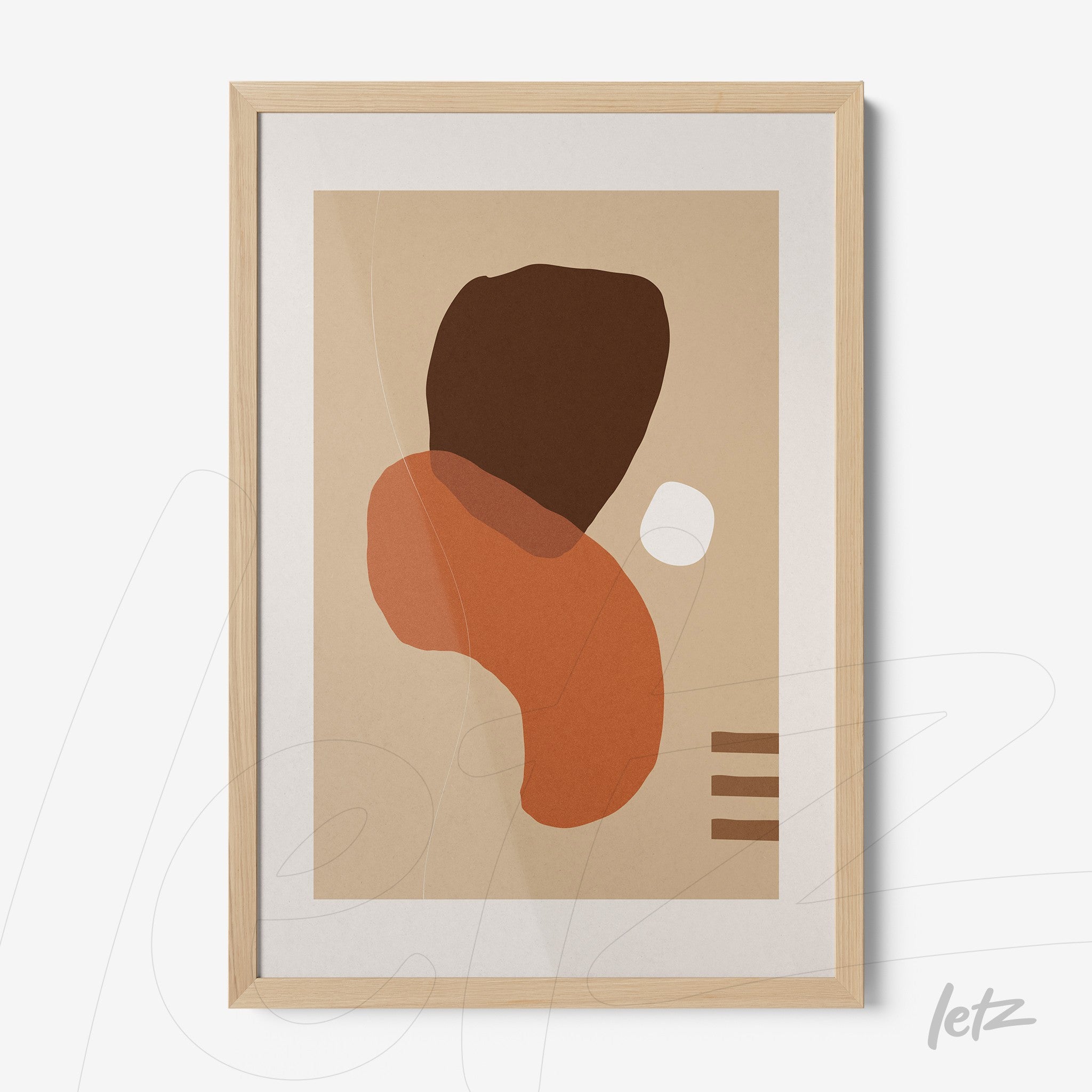 poster print featuring abstract art with organic shapes in earthy tones framed with a light-colored frame