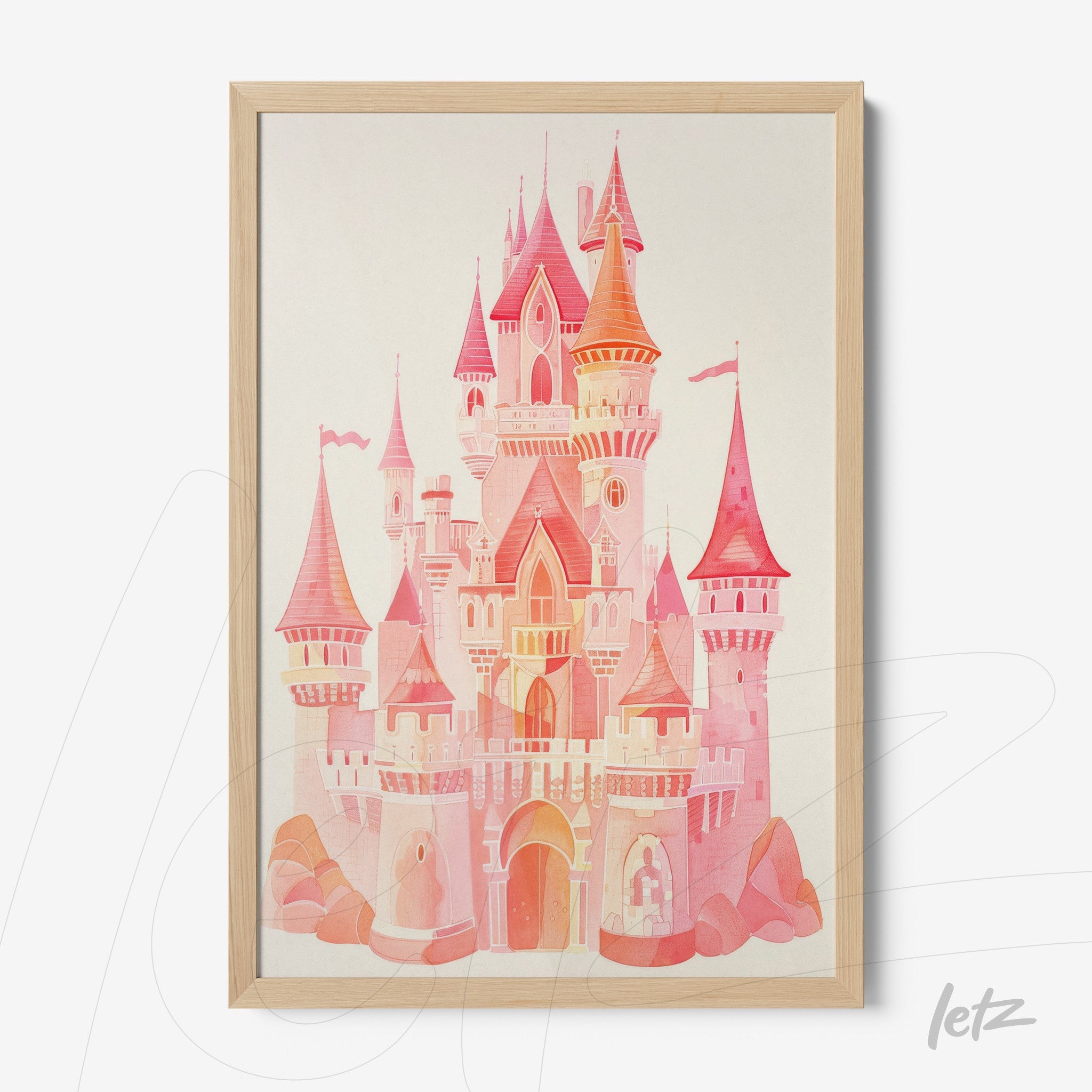 framed artwork of a pink castle illustration with light wood frame