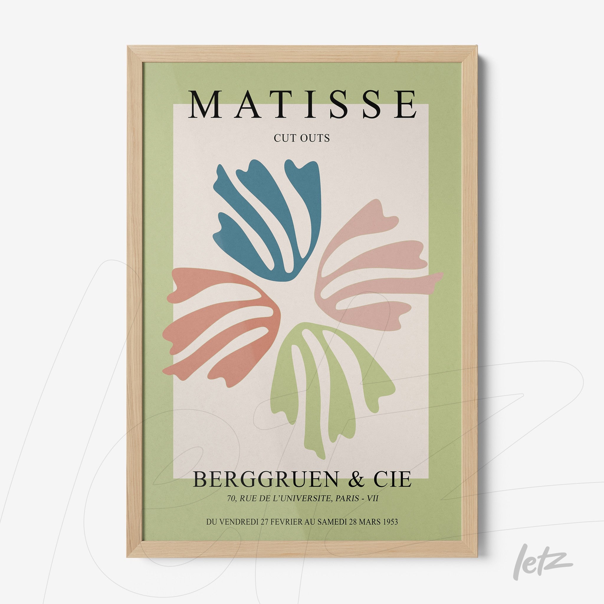 framed art print featuring Matisse cut outs with light wood frame