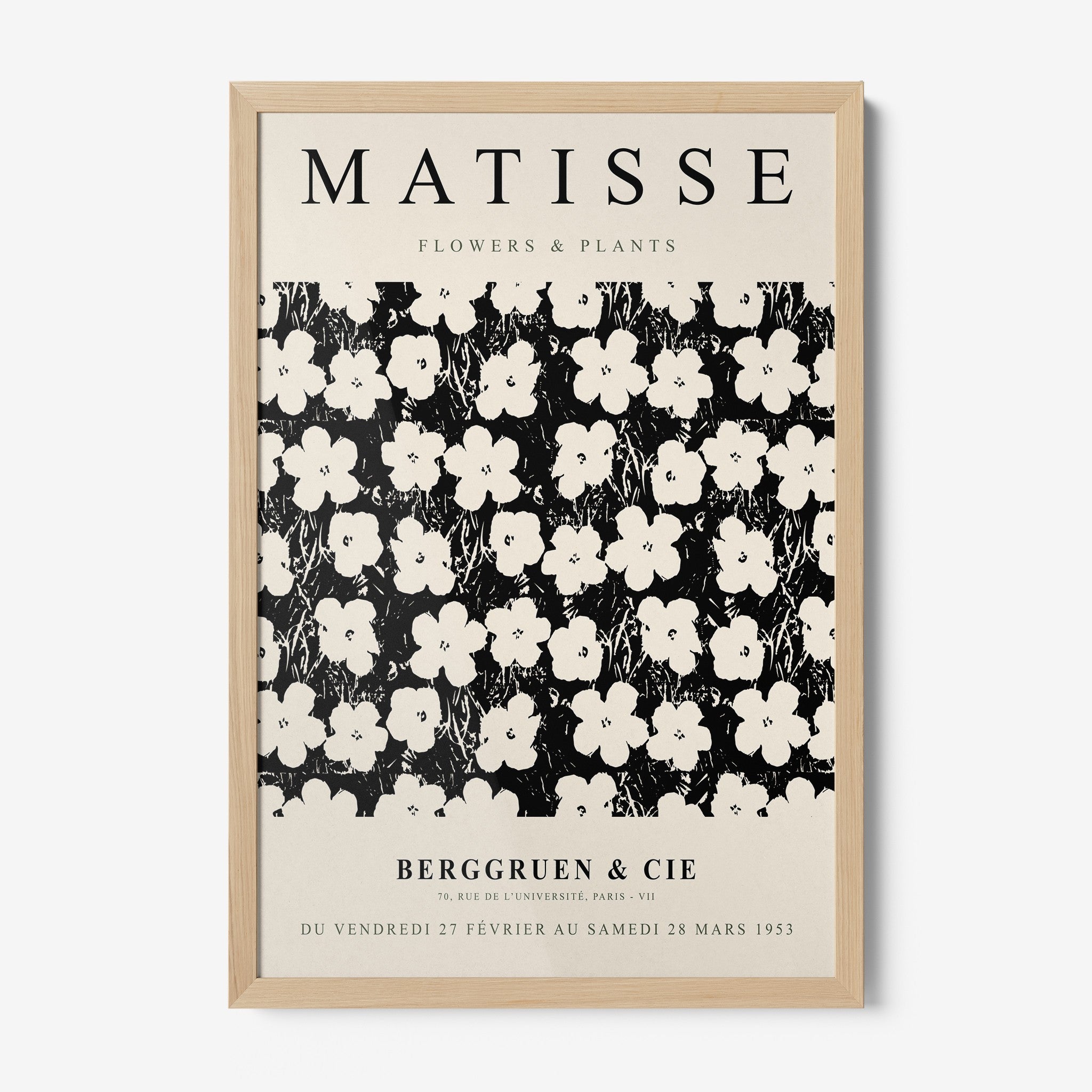 framed vintage style wall art featuring white flowers on black background with light wooden frame