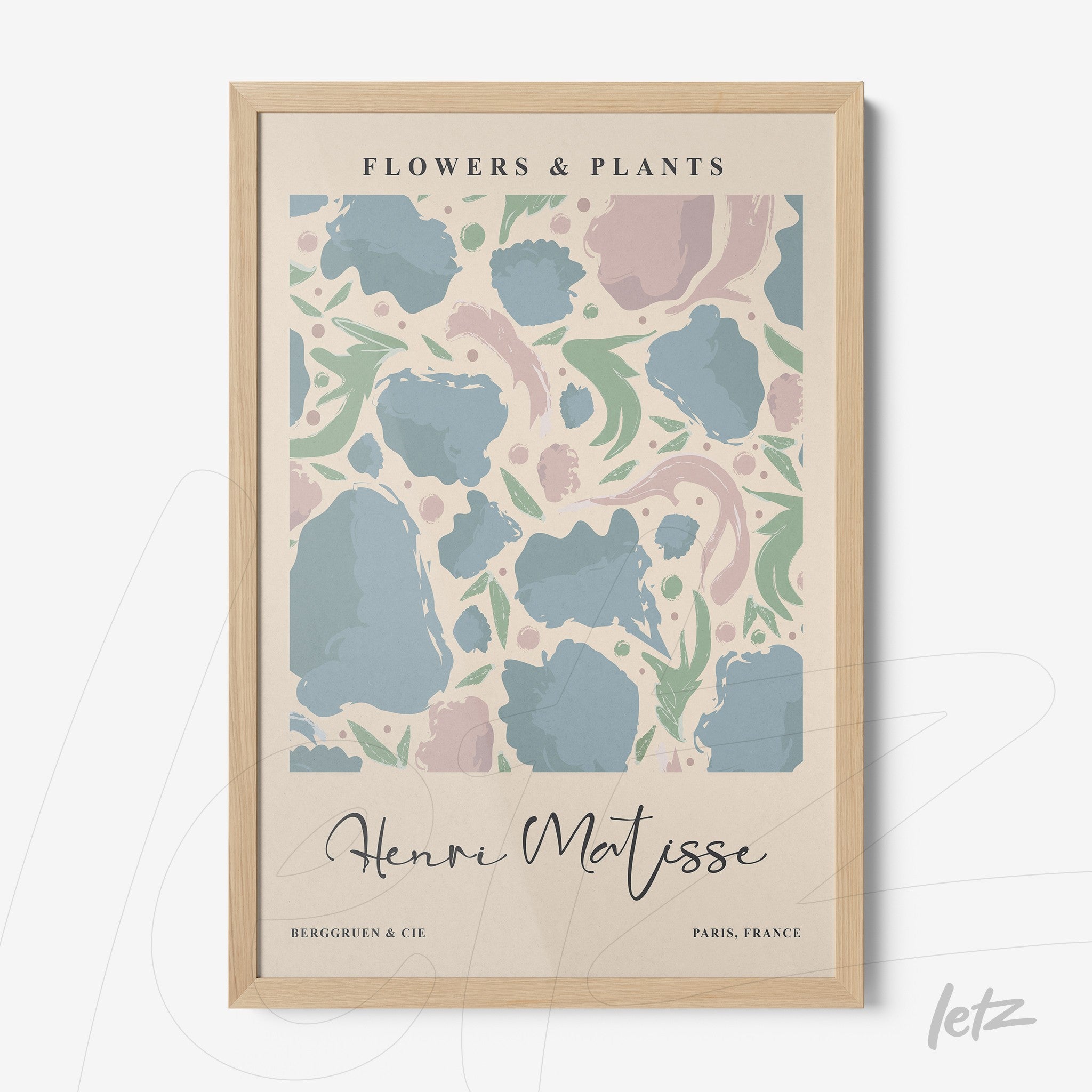 framed wall art featuring floral patterns inspired by Henri Matisse with light wood frame