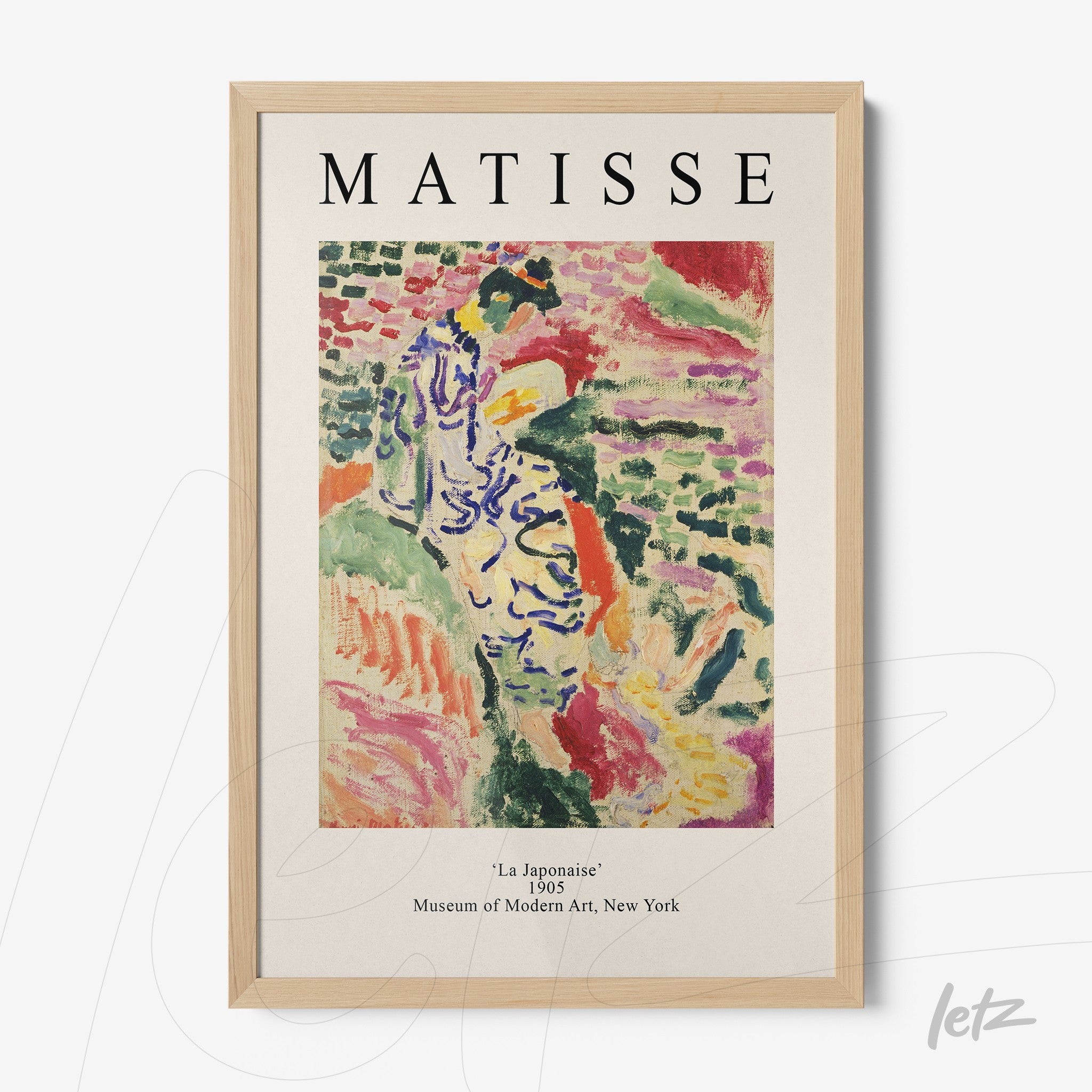framed wall art featuring fauvist style painting of a female figure in vibrant colors with light wooden frame and 'MATISSE' text