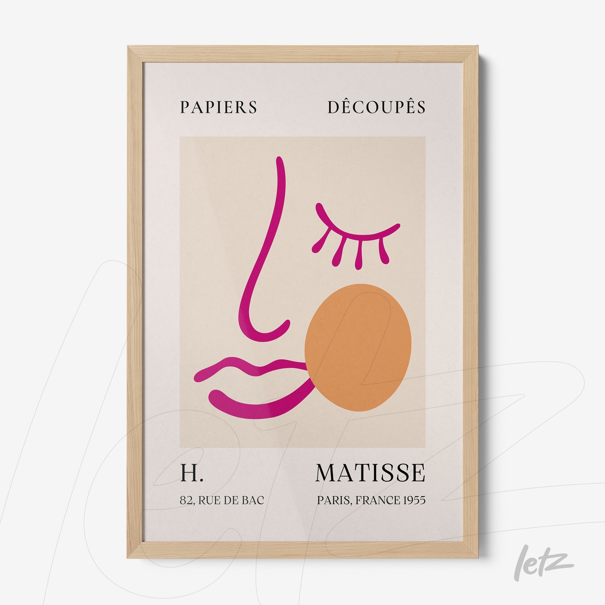 framed wall art featuring abstract minimalist design with bold lines and geometric shapes, displayed in light wooden frame