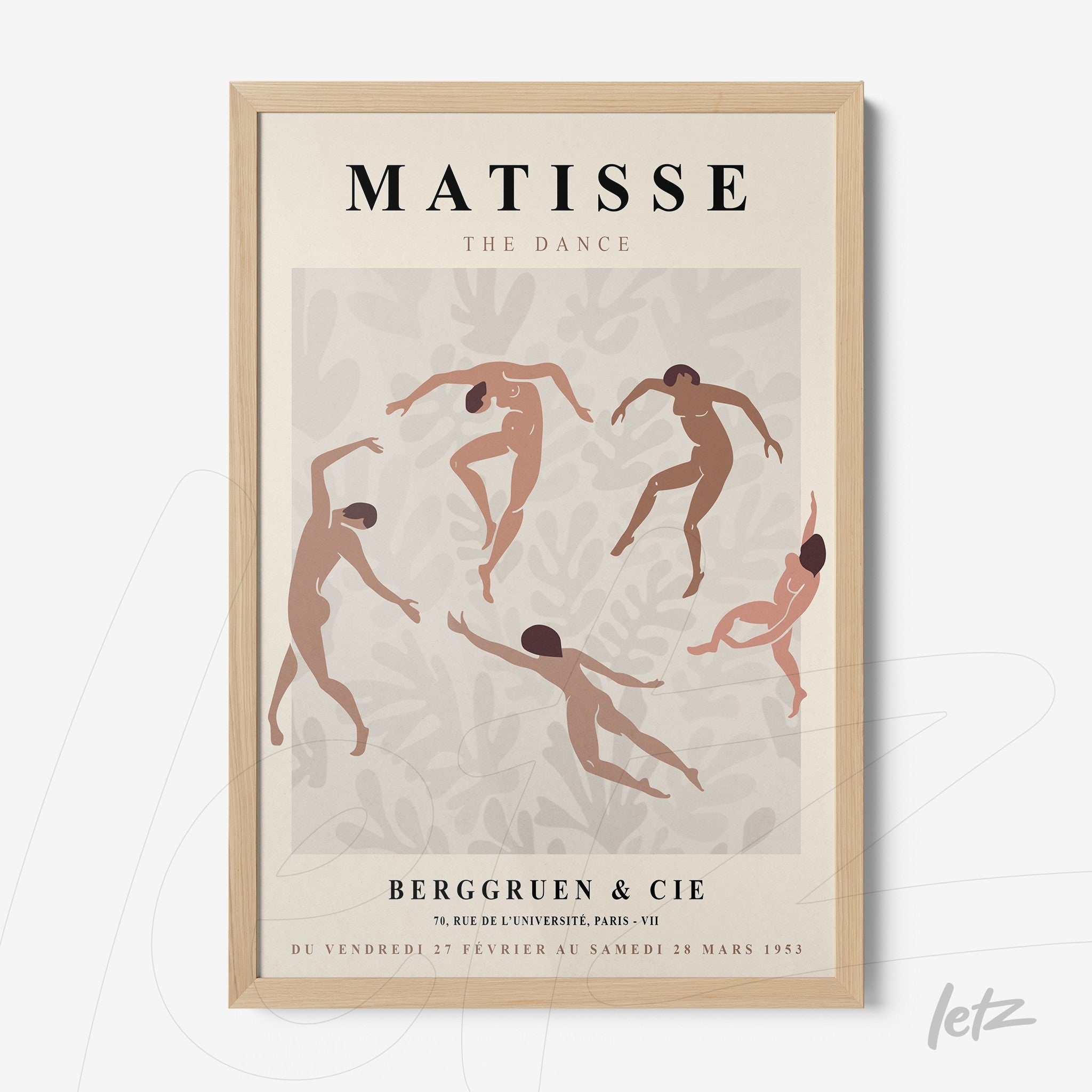 framed wall art featuring stylized dancing figures on a light background with a light wood frame