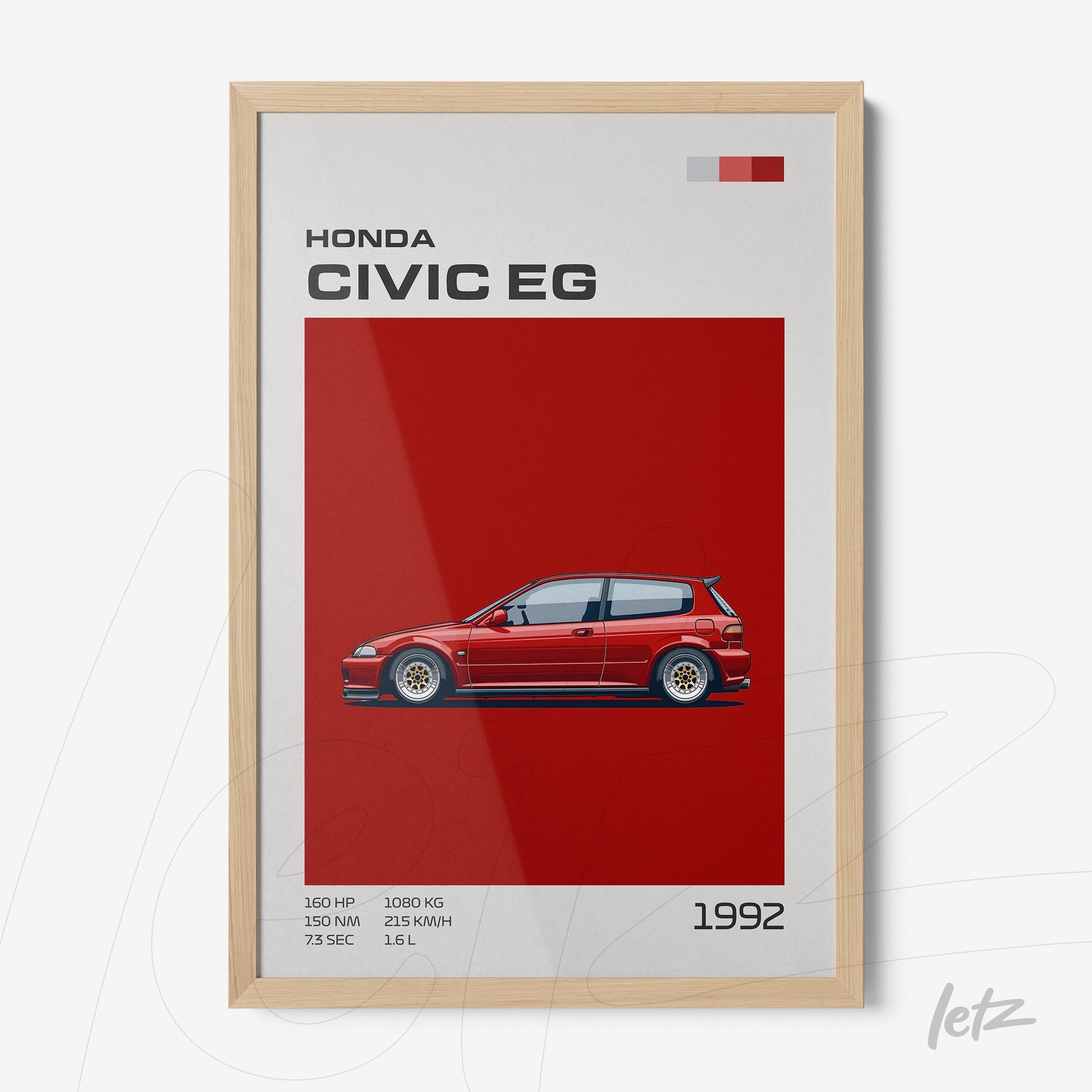 framed digital art of 1992 Honda Civic EG in light wood frame