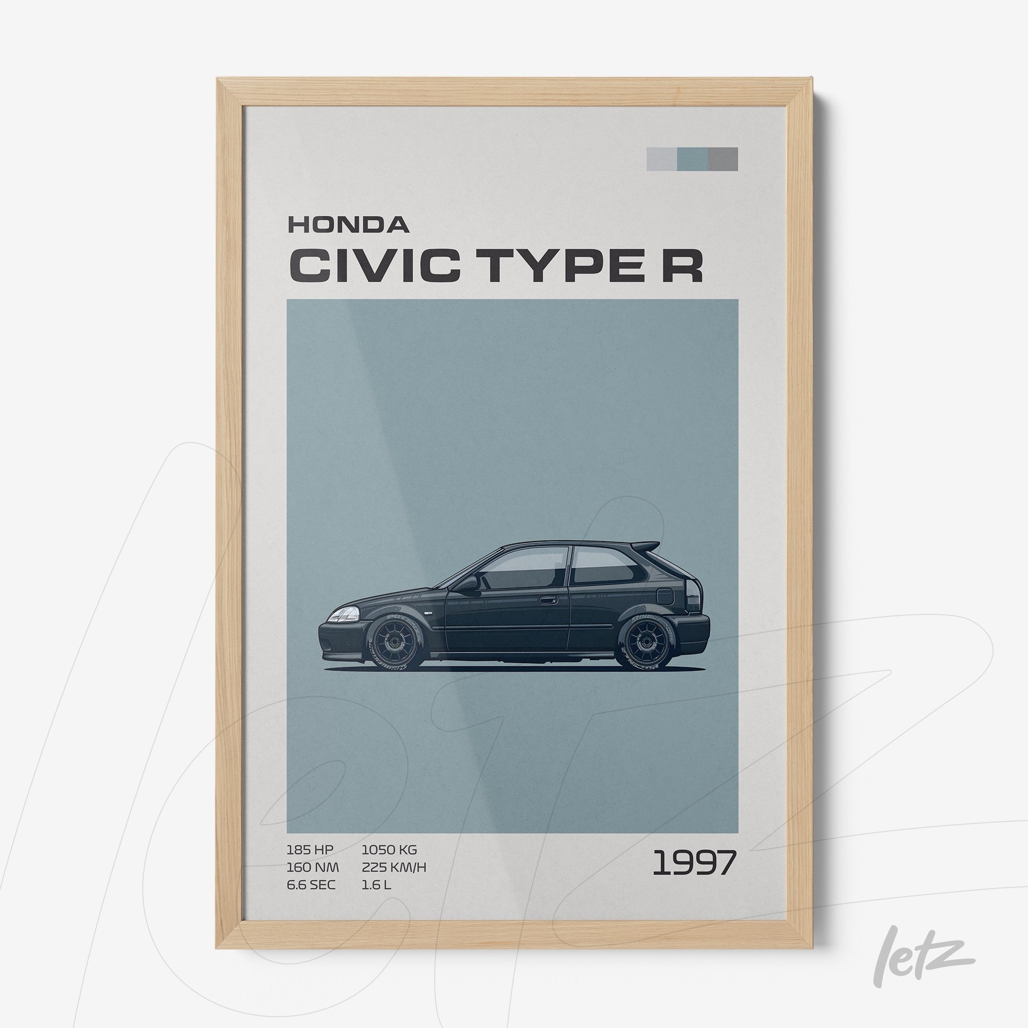 framed wall art featuring illustration of honda civic type r with light wood frame