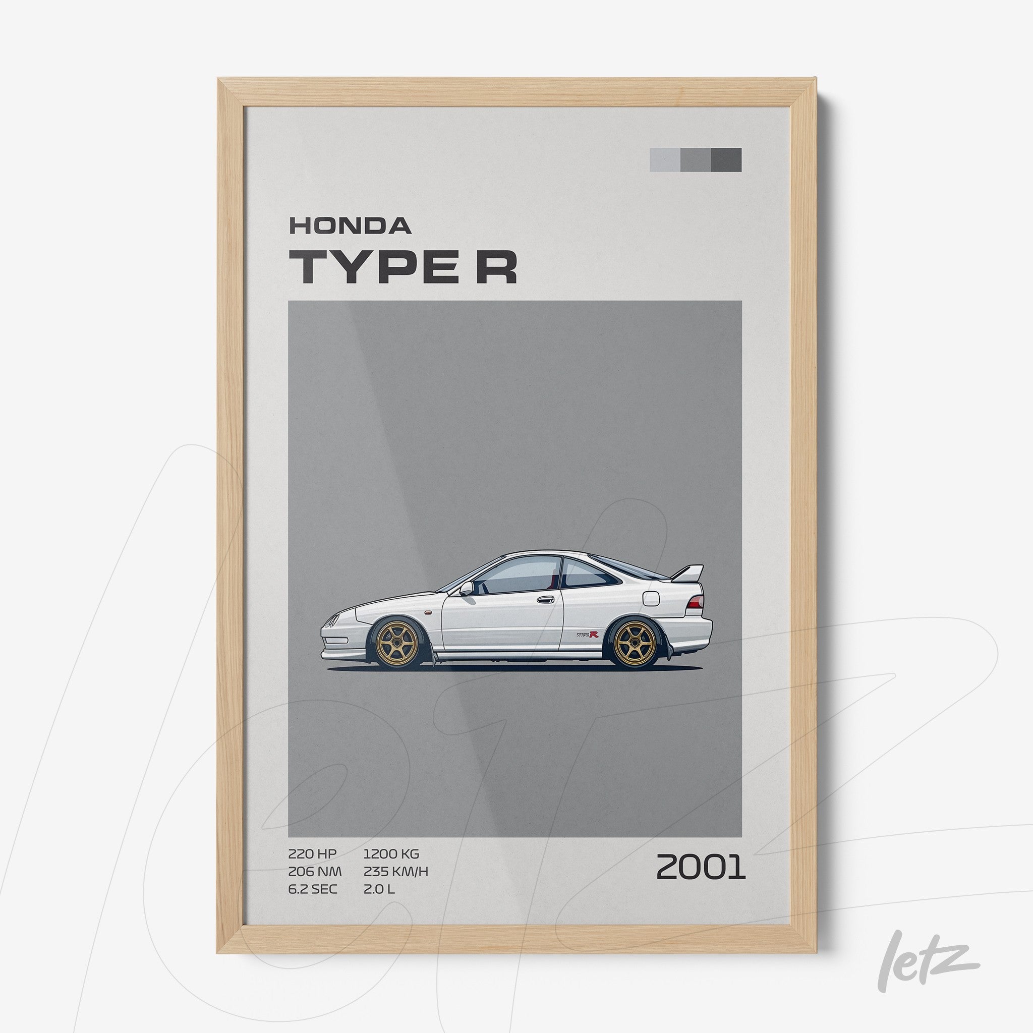 framed wall art featuring an illustration of the 2001 Honda Type R with light wood frame