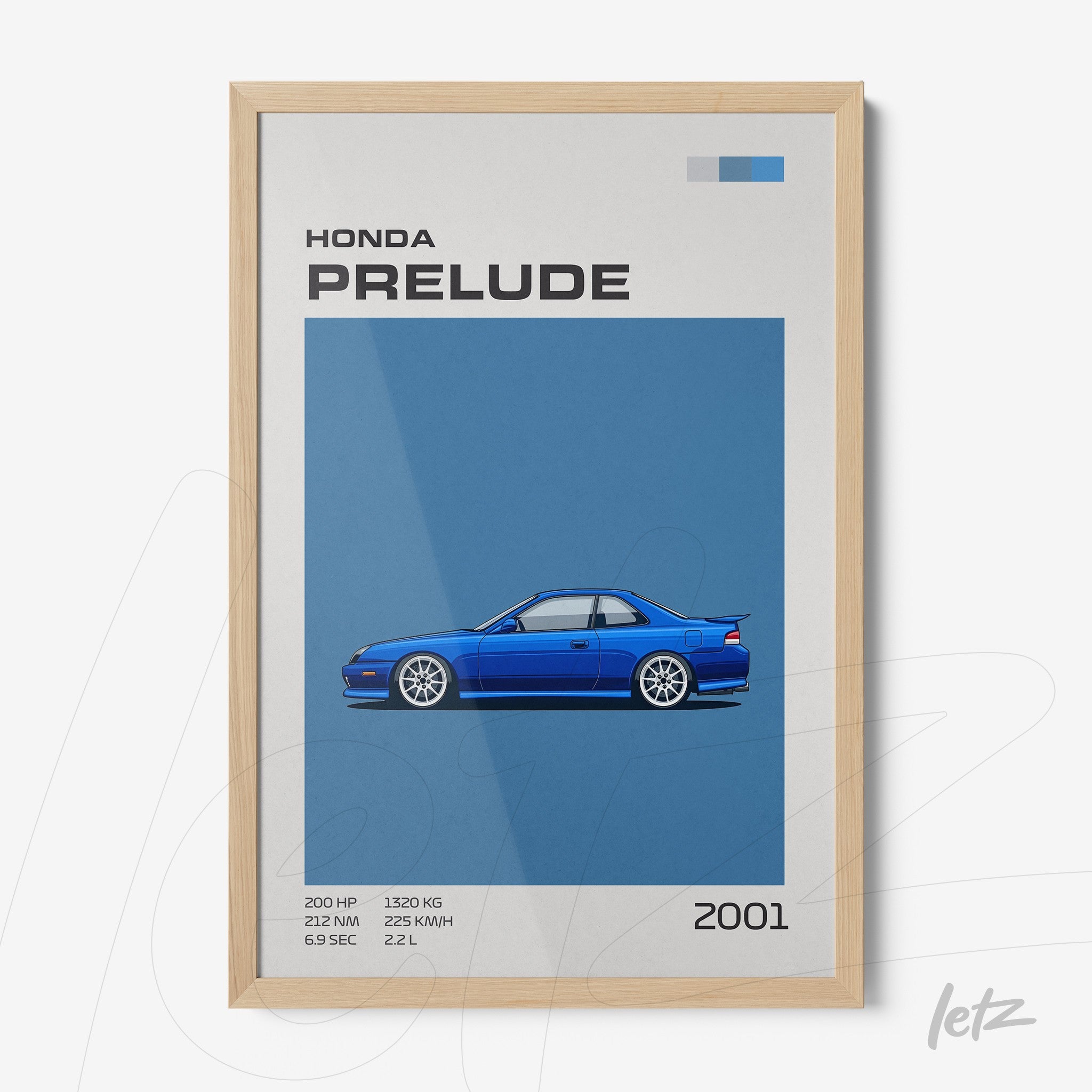 framed digital art of a 2001 Honda Prelude in a light wood frame, showcasing the blue design against a blue background