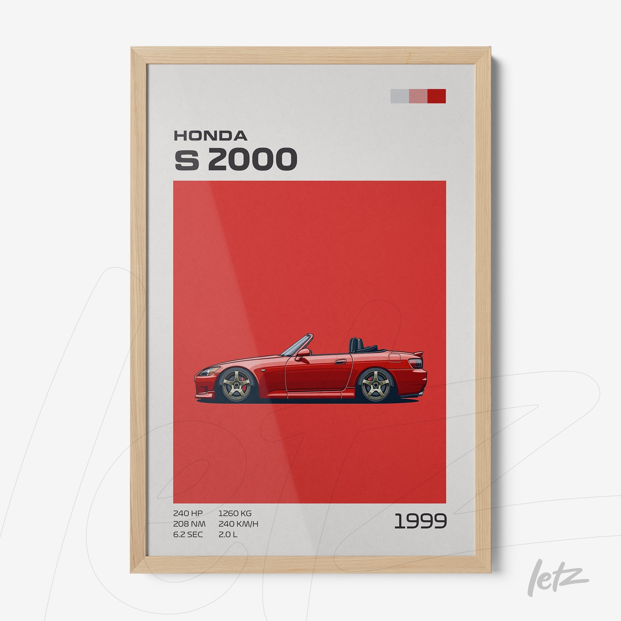 framed artwork featuring the honda s2000 car illustration on a vibrant red background with a light wood frame