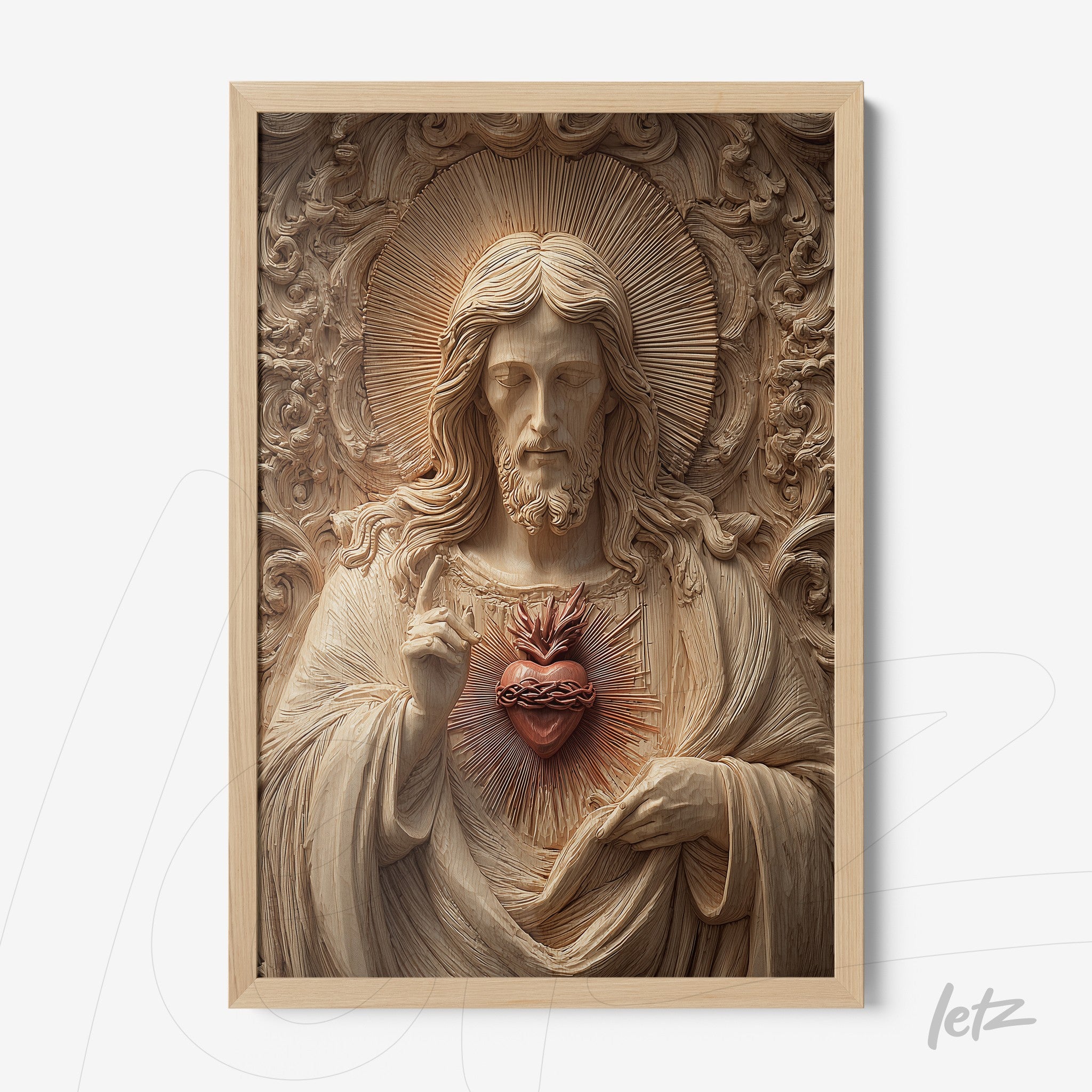 framed wall art featuring a relief of jesus christ with a wooden frame and a prominent red sacred heart