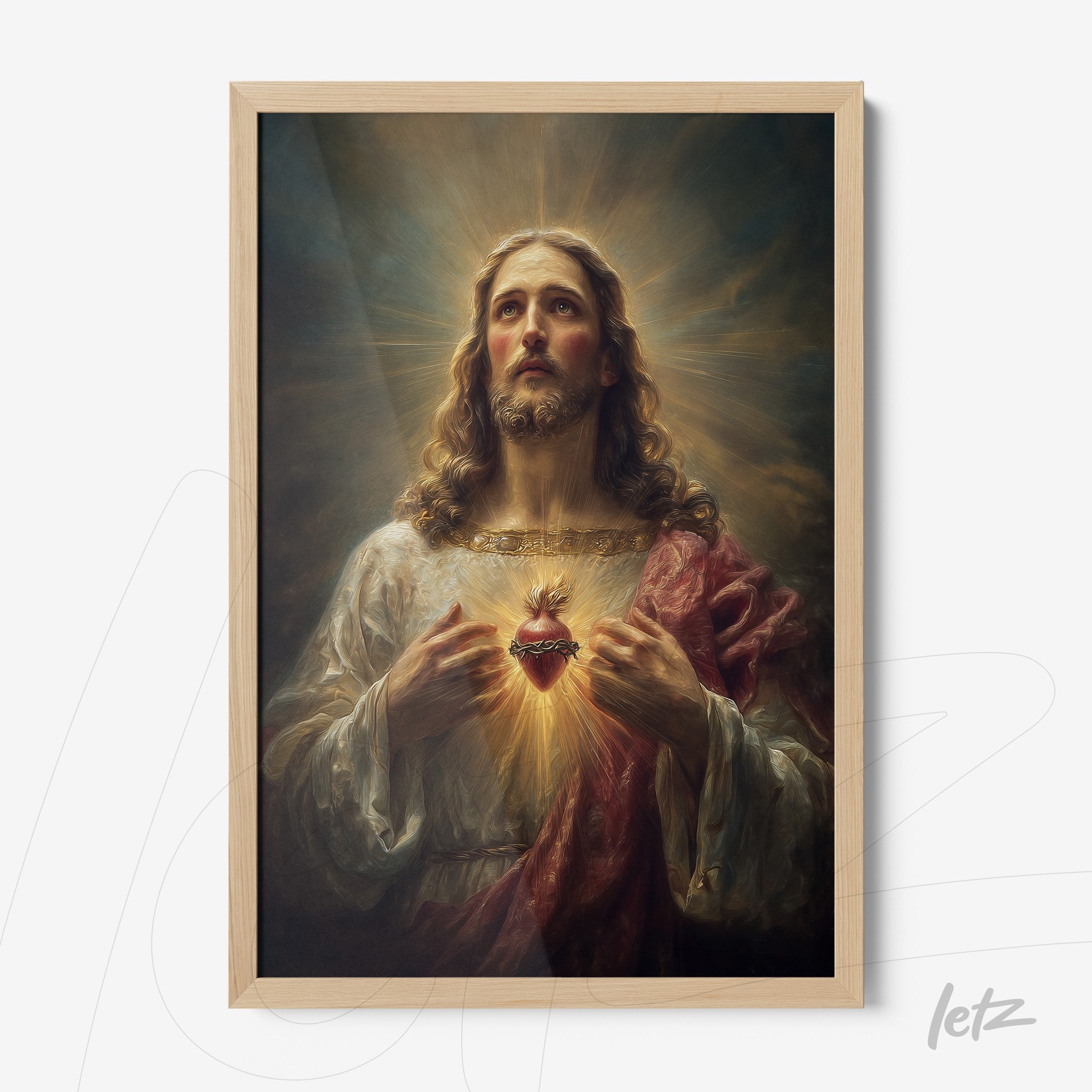 framed religious artwork depicting Jesus Christ with sacred heart in light wood frame