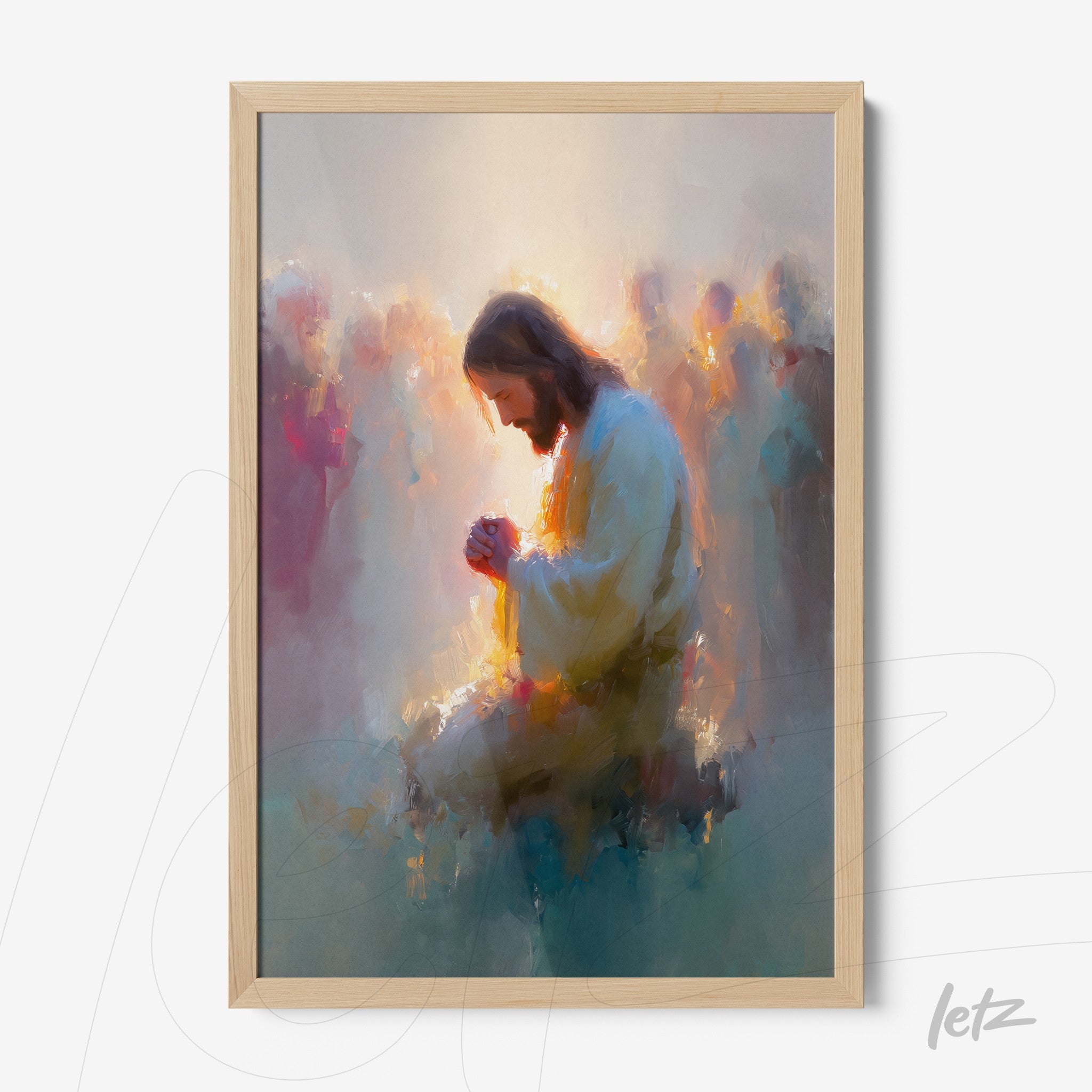 abstract art piece depicting a figure in prayer with a soft background and light wood frame
