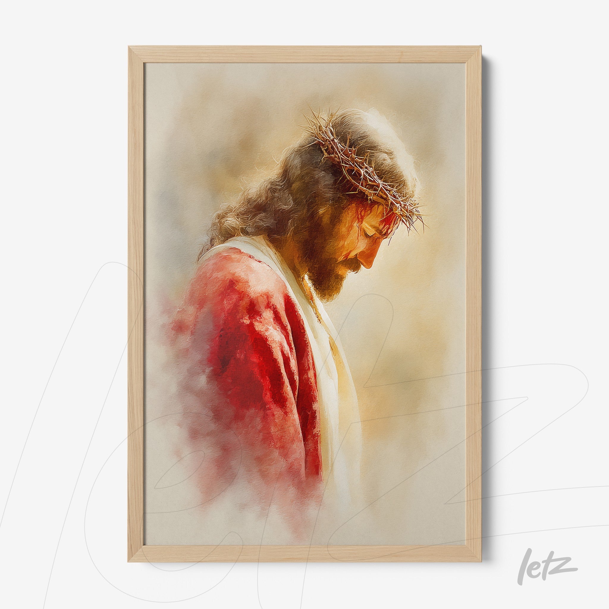 framed artwork of jesus wearing a crown of thorns with light wood frame
