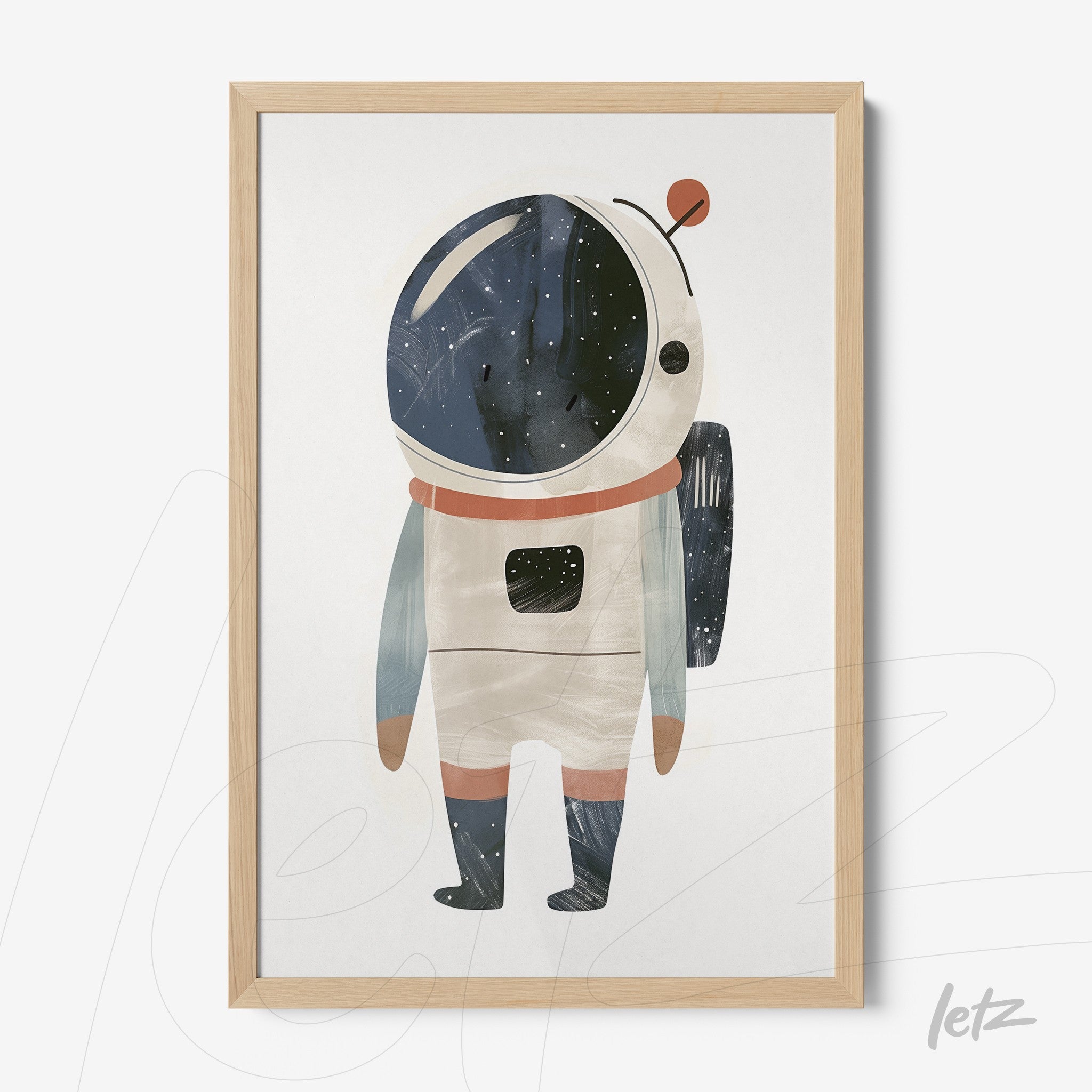framed artwork of a colorful astronaut illustration with light wood frame