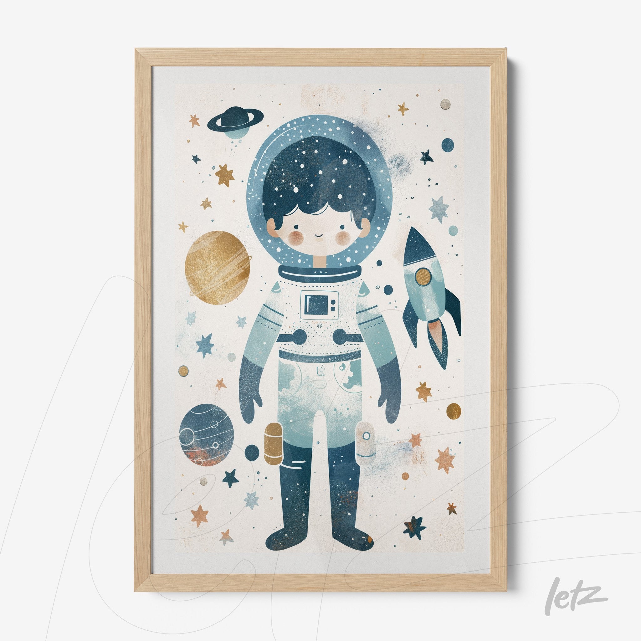 colorful framed art featuring a child astronaut in a space background with light wood frame