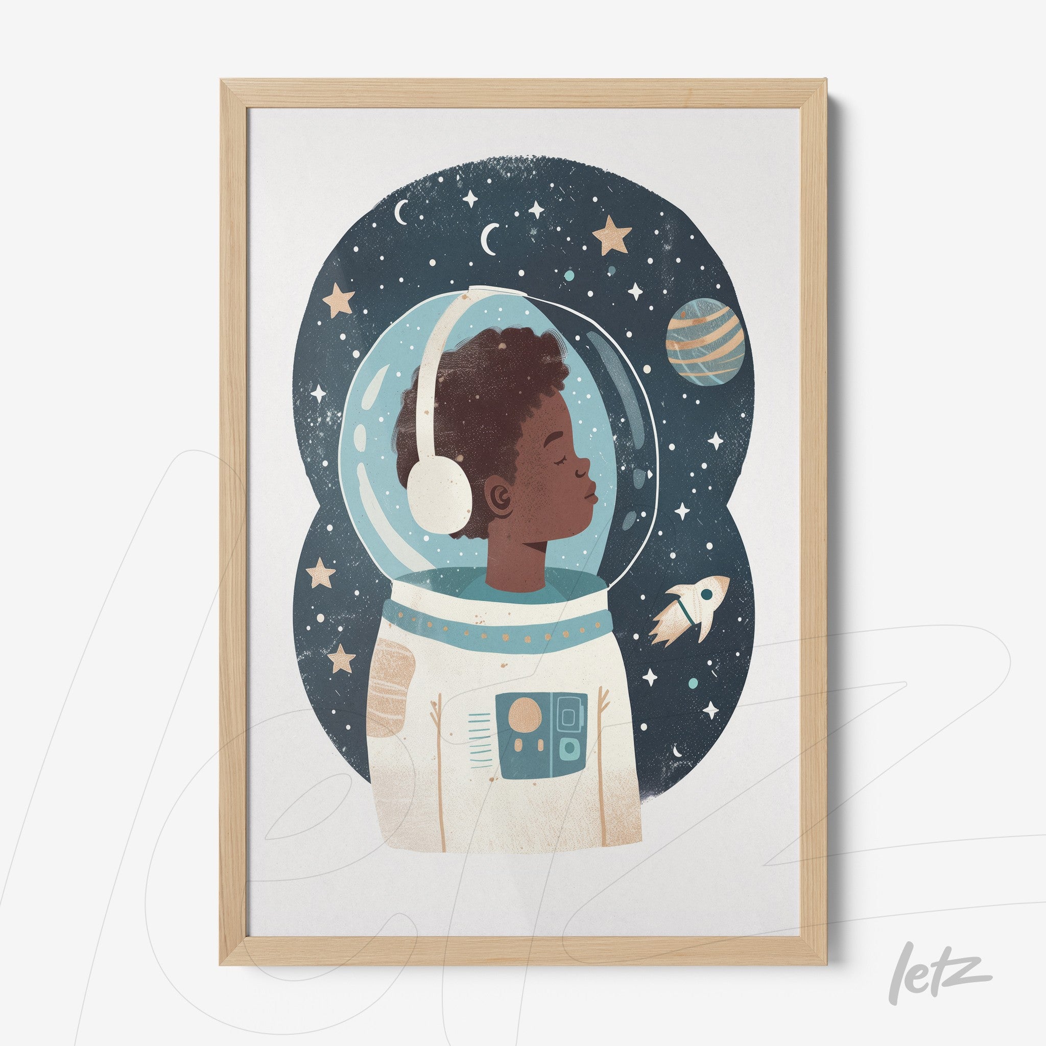 framed artwork of a young astronaut boy in a space helmet against a starry background with a light wood frame