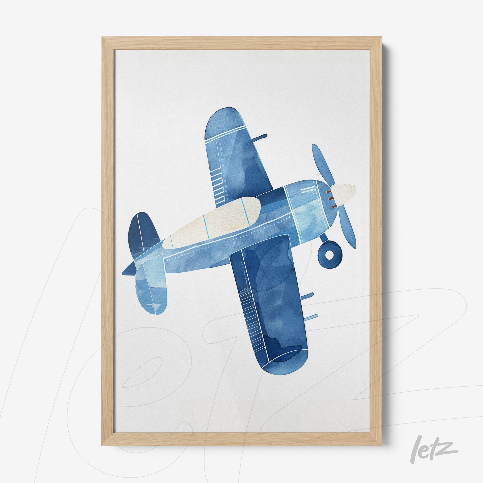 decorative wall art featuring a blue watercolor illustration of an airplane with a light wood frame