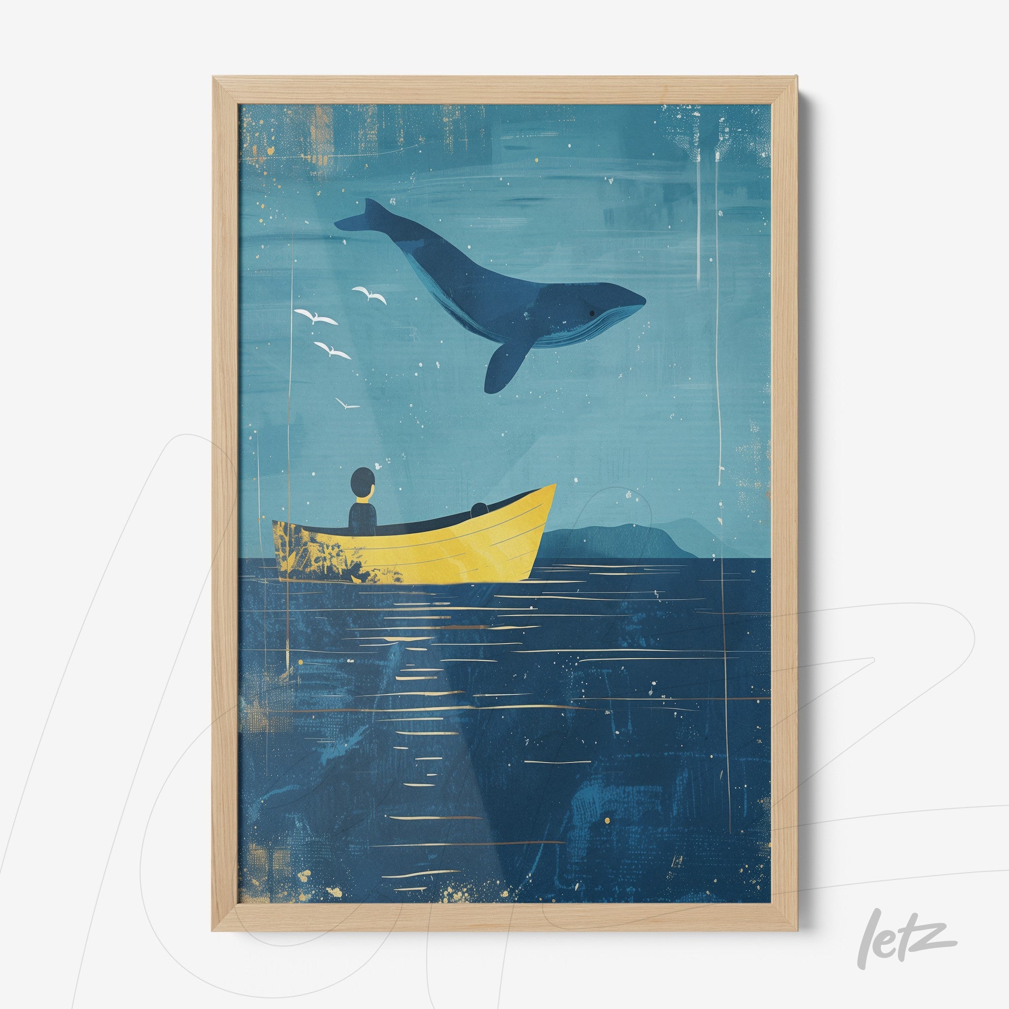 framed artwork depicting a man in a yellow boat observing a whale jumping over blue waters