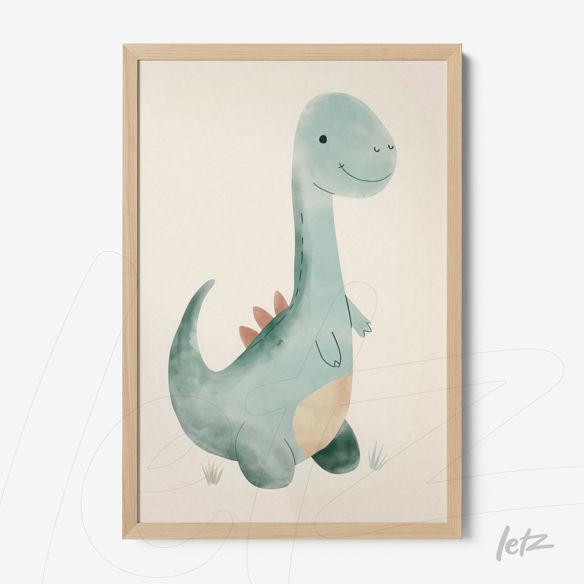 framed watercolor illustration of a dinosaur with a light wood frame