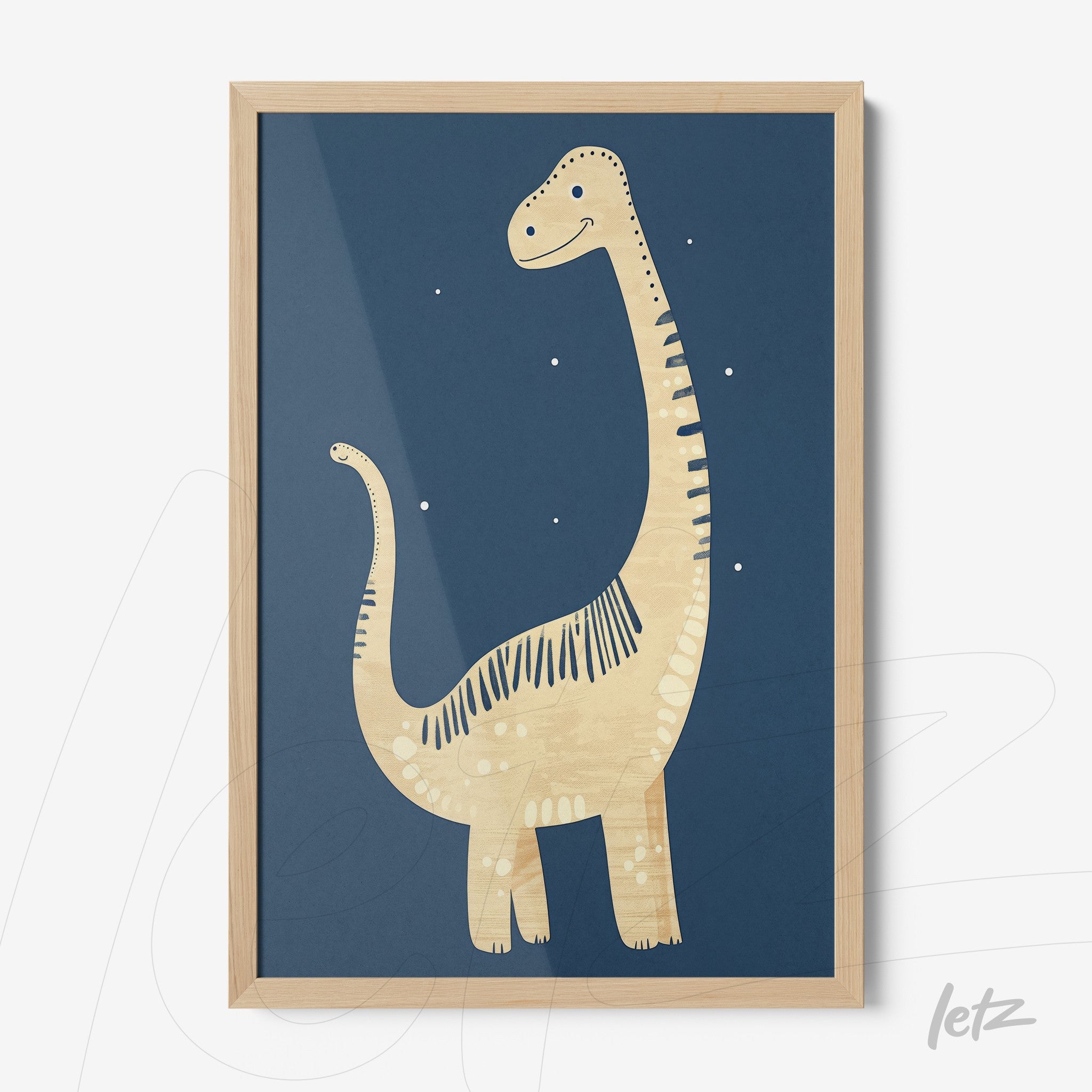 framed wall art featuring a dinosaur illustration on a blue background with light wood frame