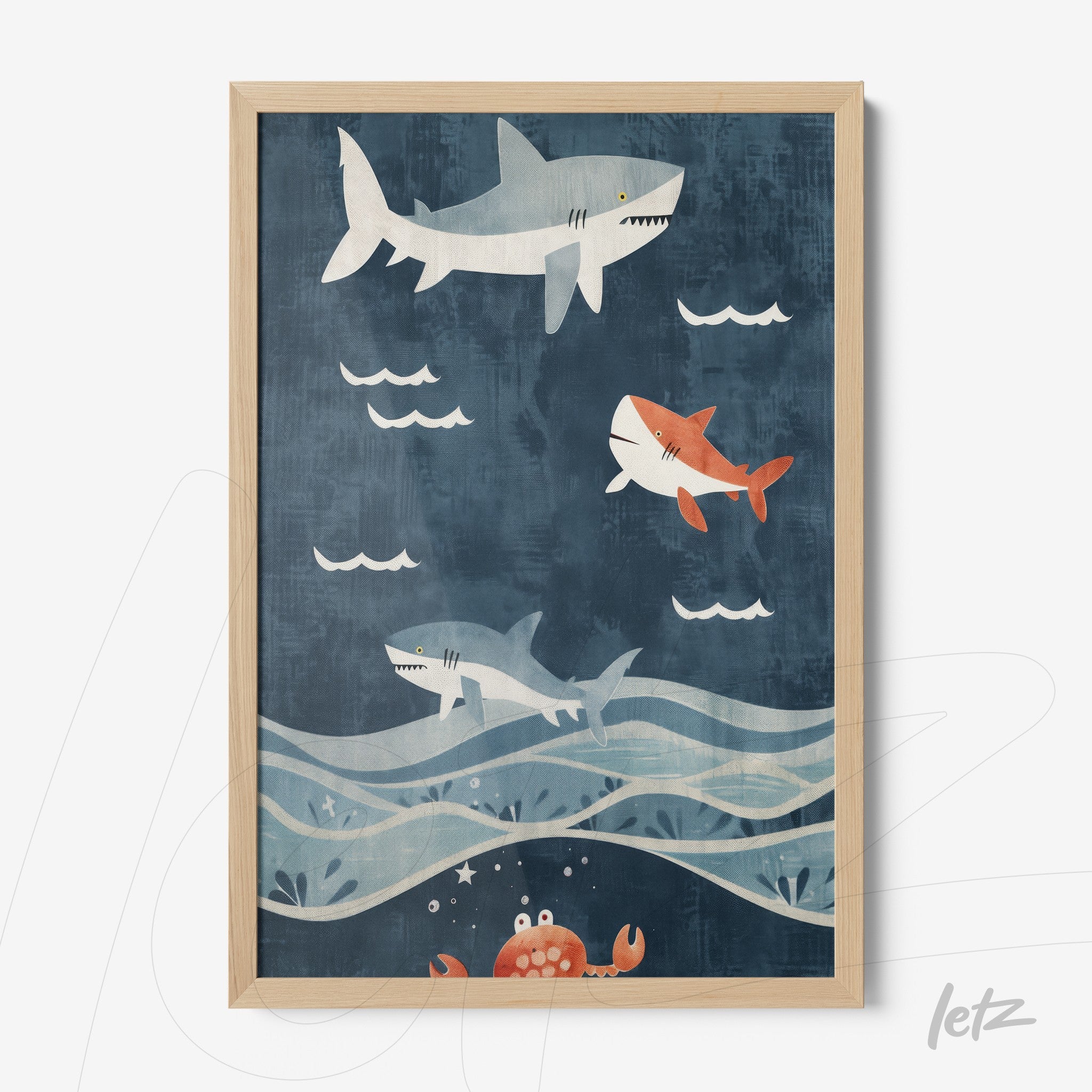 framed art featuring swimming sharks over a blue background with waves, light wood frame