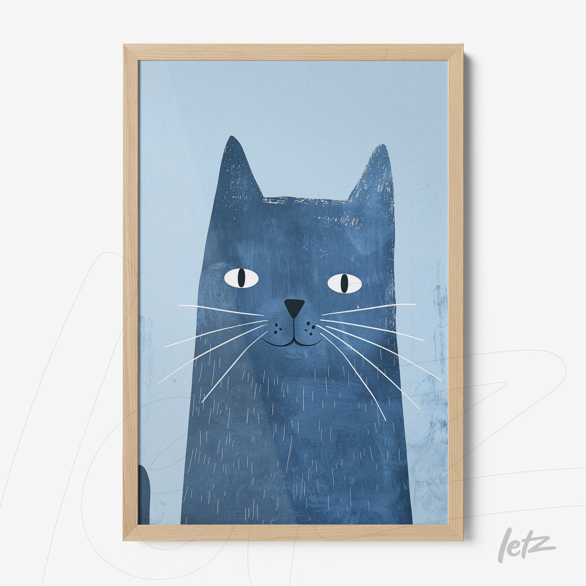 framed wall art featuring a blue cat illustration on a light background with a light wood frame