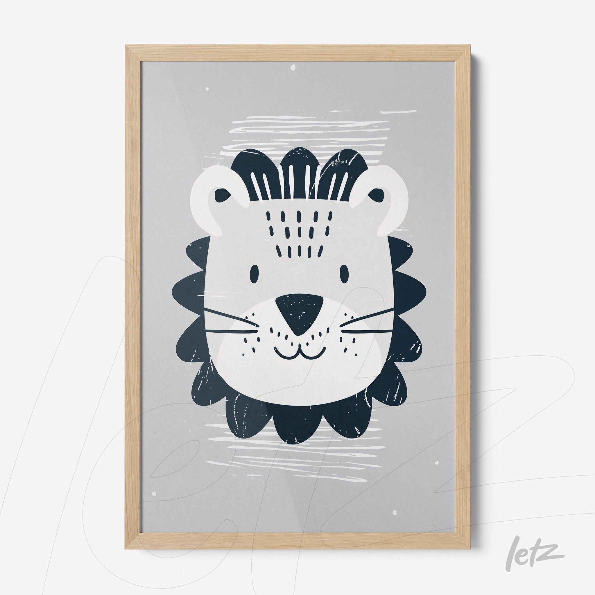 framed wall art featuring a minimalist lion illustration with light wood frame