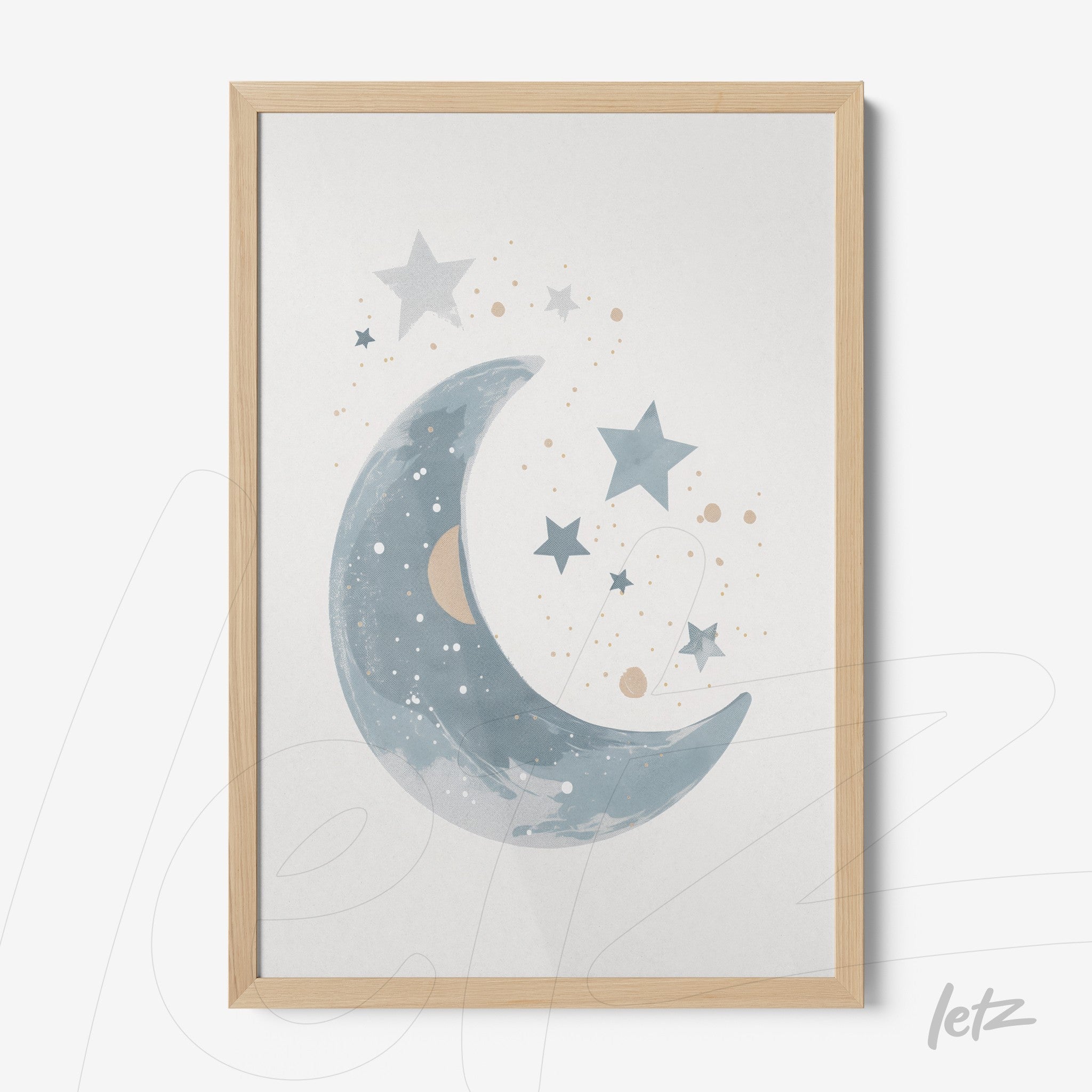 framed artwork featuring a soft blue moon and stars in a light background with a light wood frame