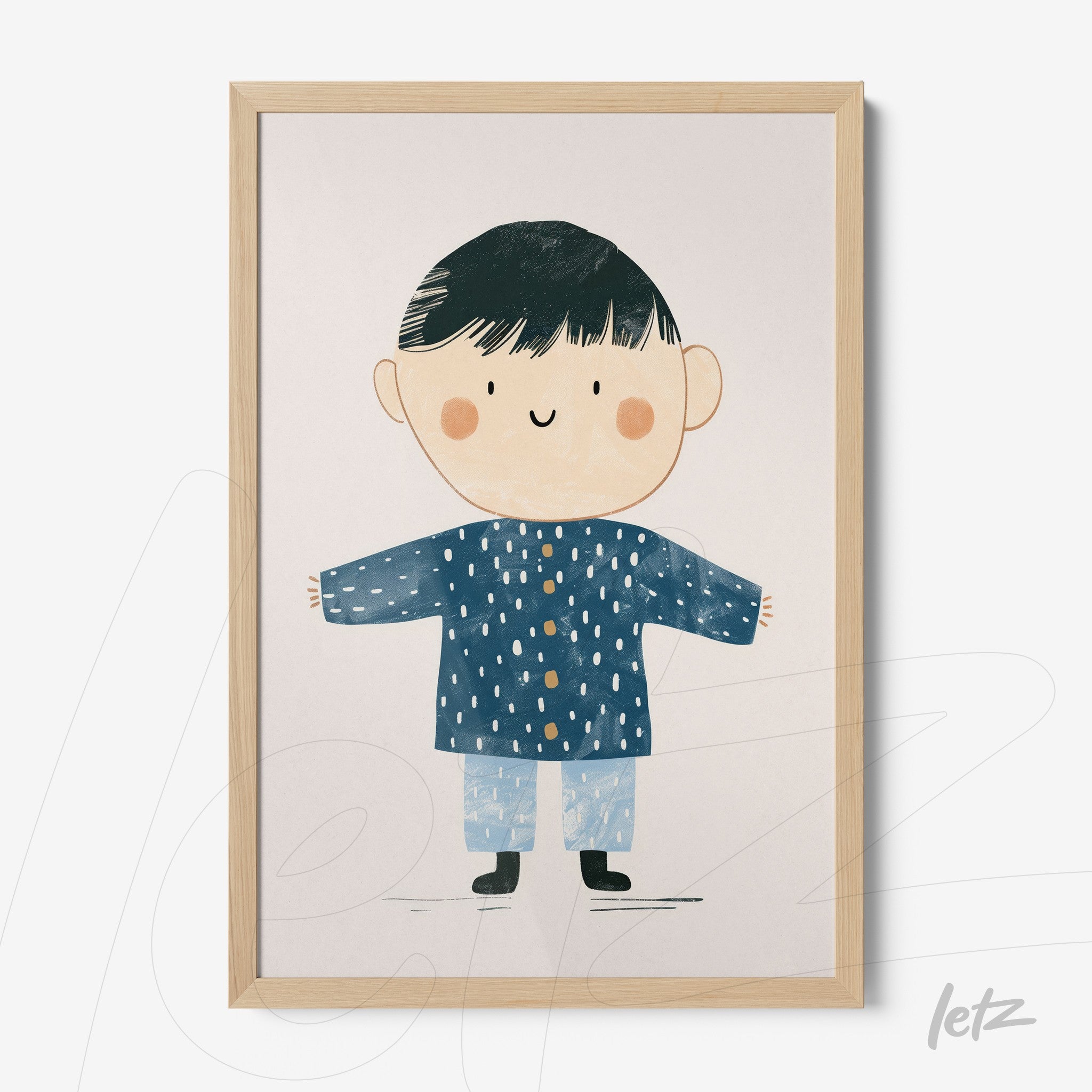 framed artwork featuring a smiling boy in a blue coat and light pants with a natural wood frame