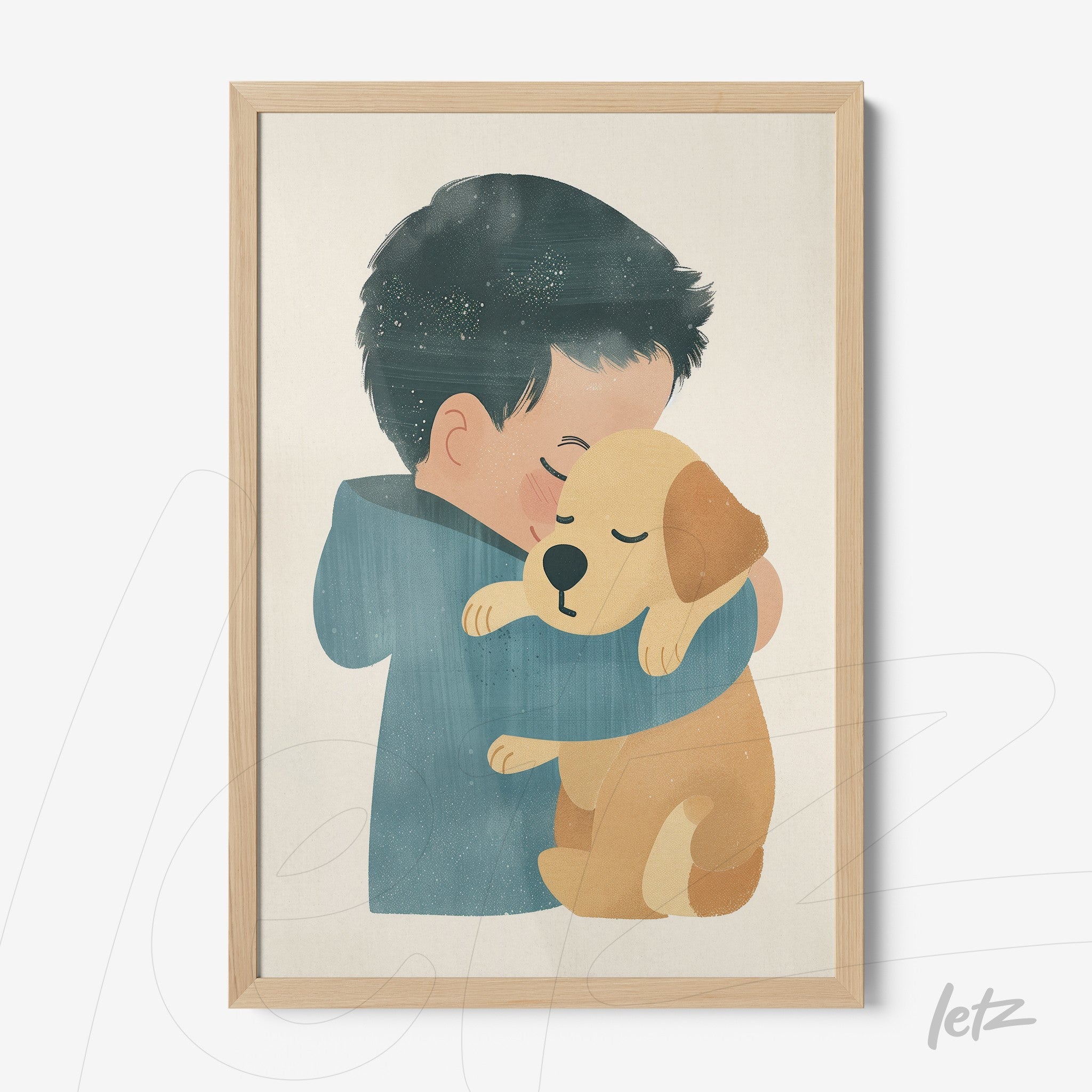 framed art featuring a boy hugging a dog, light wood frame with a soft background