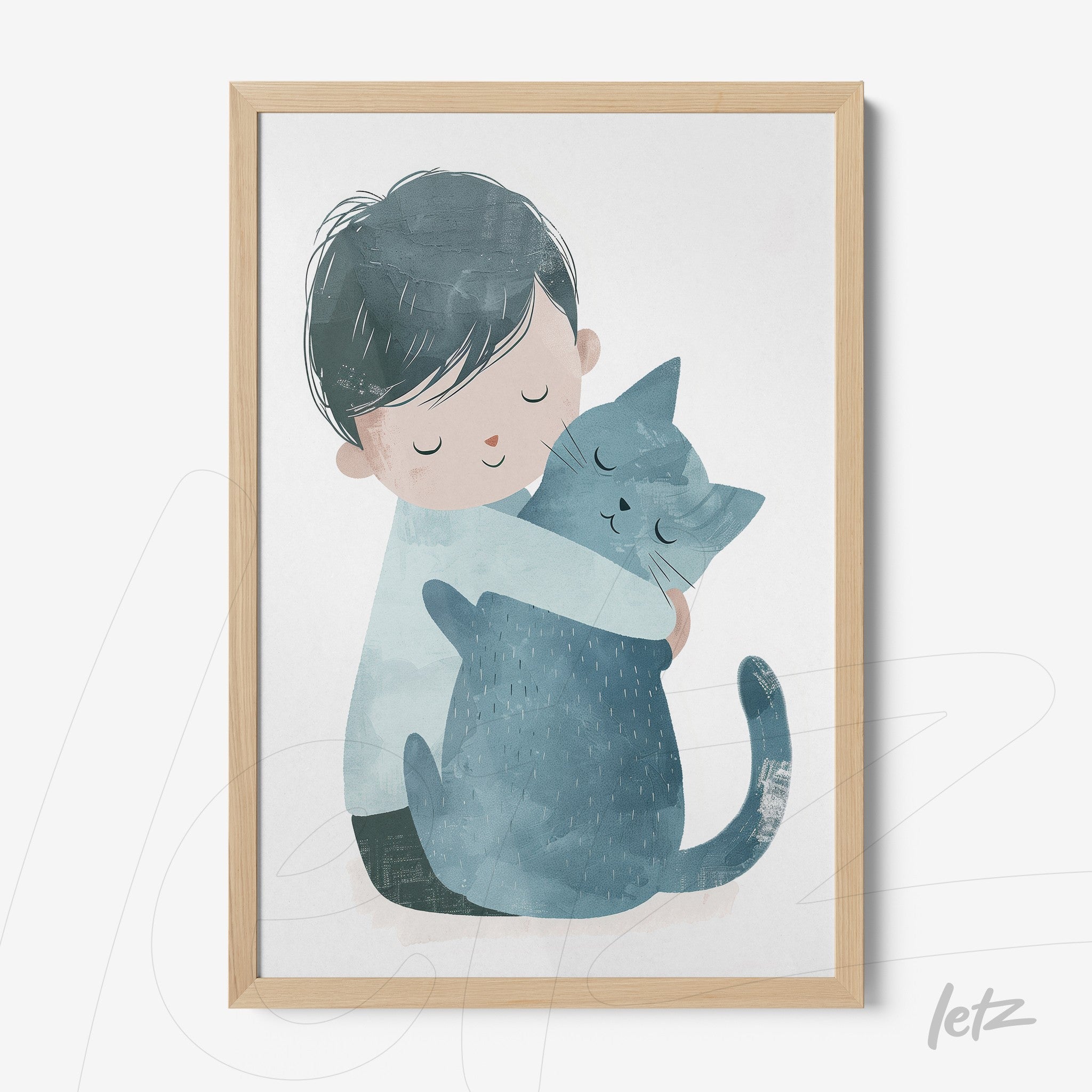 framed artwork featuring a child hugging a cat with a light wood frame