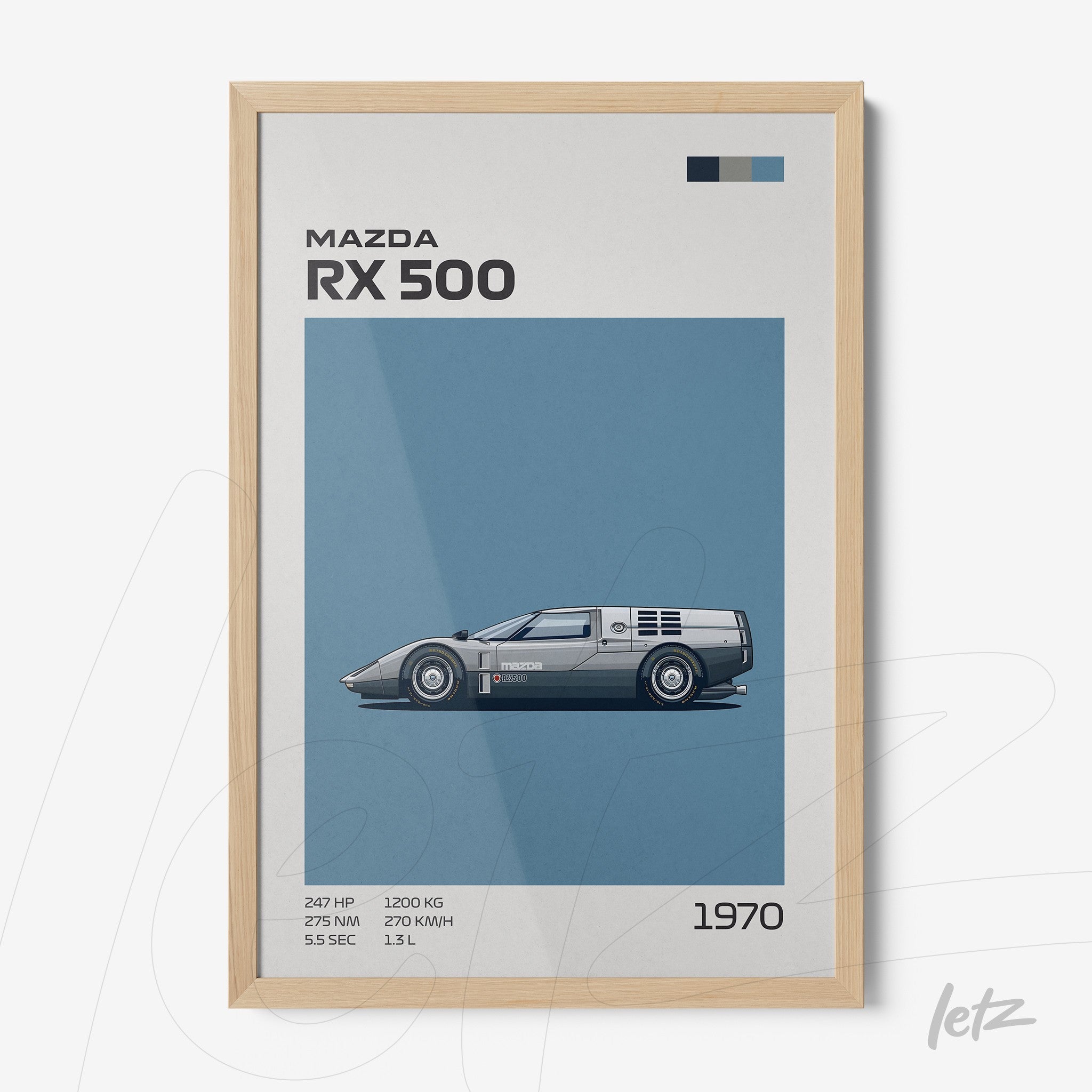 framed wall art featuring the Mazda RX 500 car illustration with light wood frame