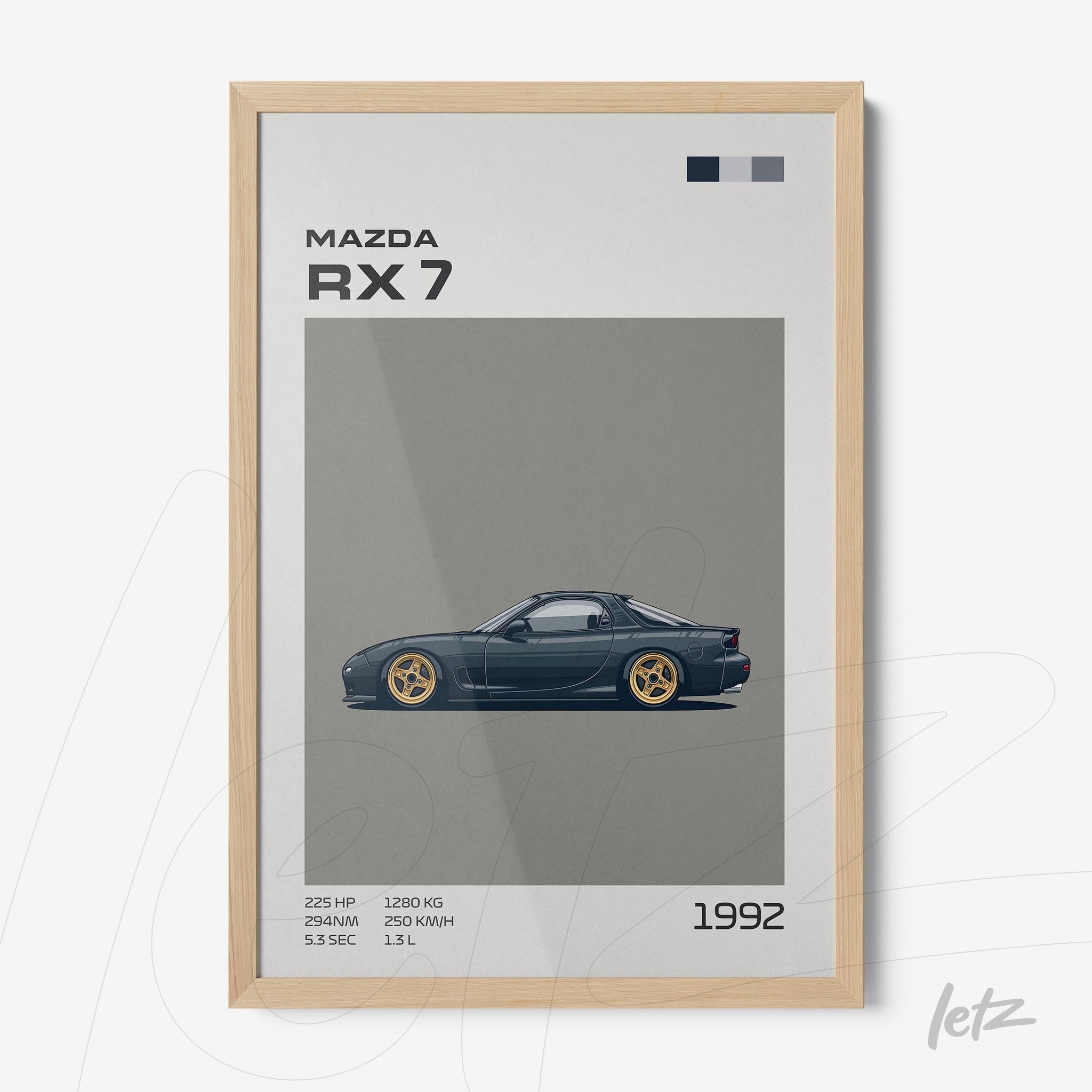 framed artwork of the 1992 Mazda RX 7 with light wood frame
