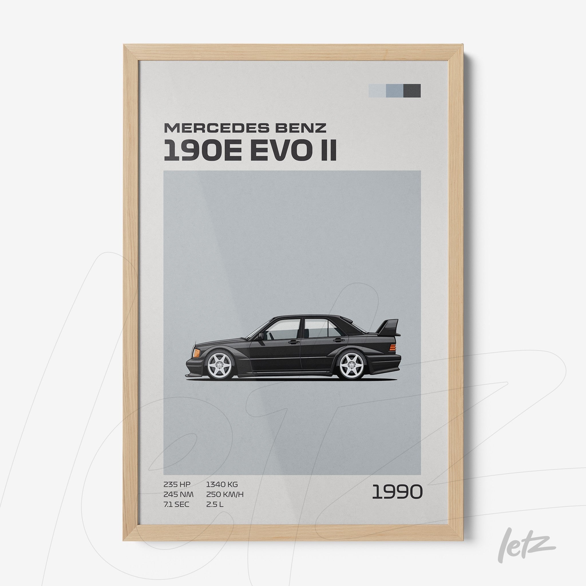framed artwork featuring a minimalist illustration of a Mercedes Benz 190E EVO II with a light wood frame