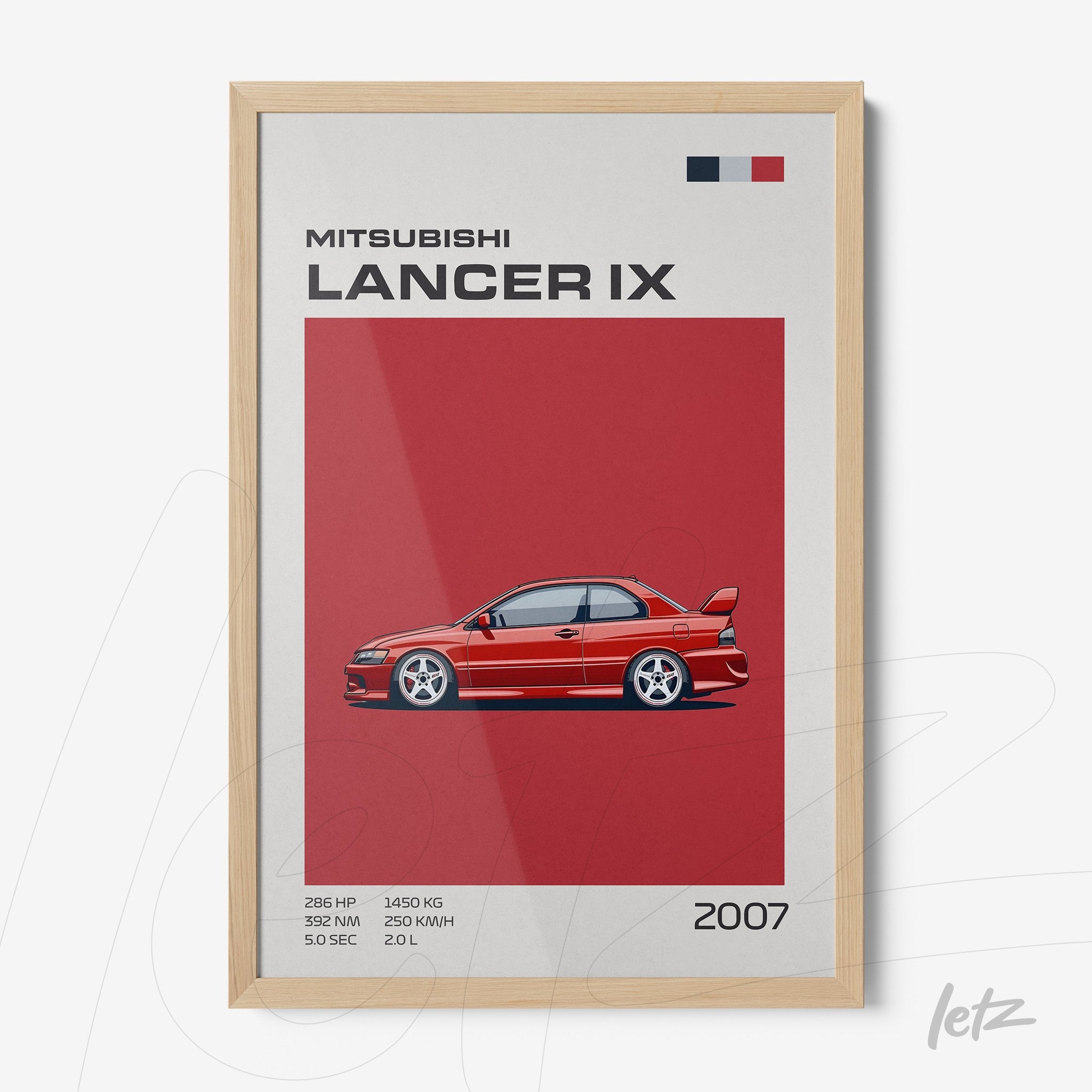 framed art print showcasing Mitsubishi Lancer IX illustration with a light wooden frame on a red background